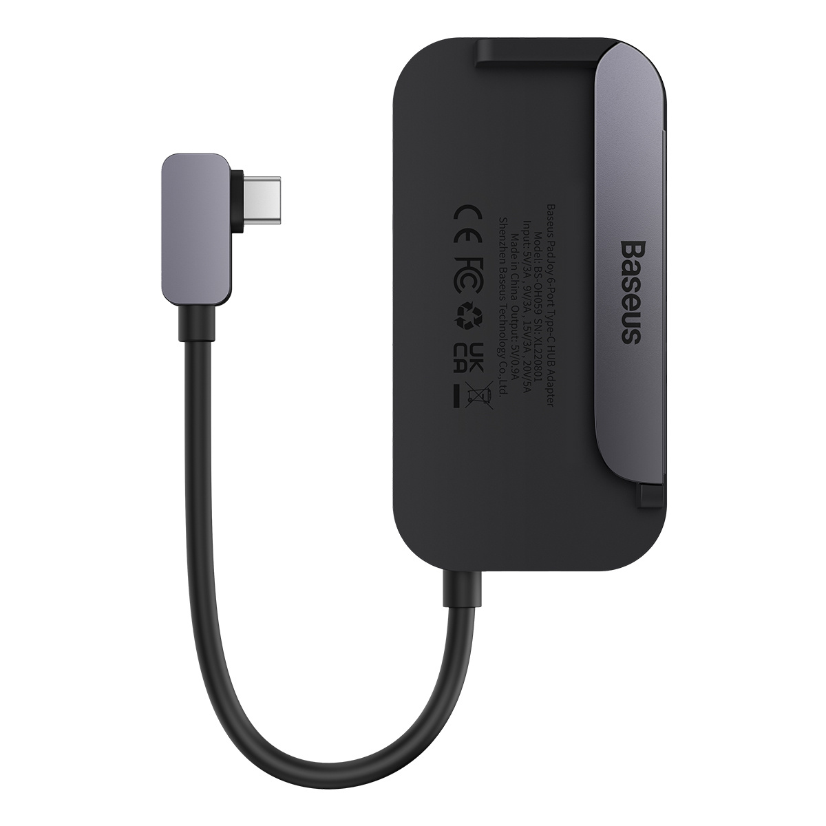Czarny adapter Baseus z krótkim, kątowym kablem USB-C jest wyświetlany na białym tle.