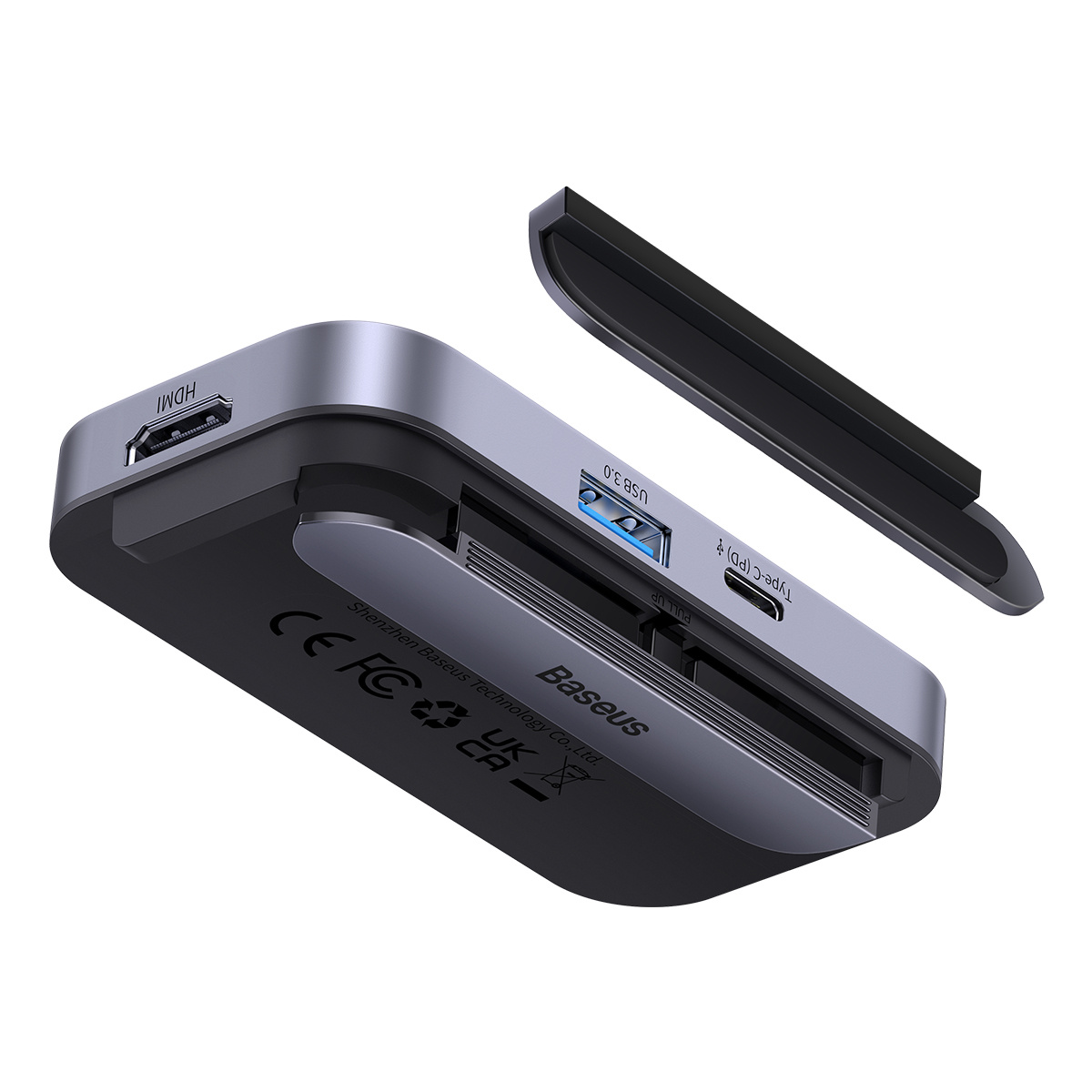 Szary adapter wieloportowy Baseus z portami HDMI, USB i Type-C jest pokazany na białym tle.