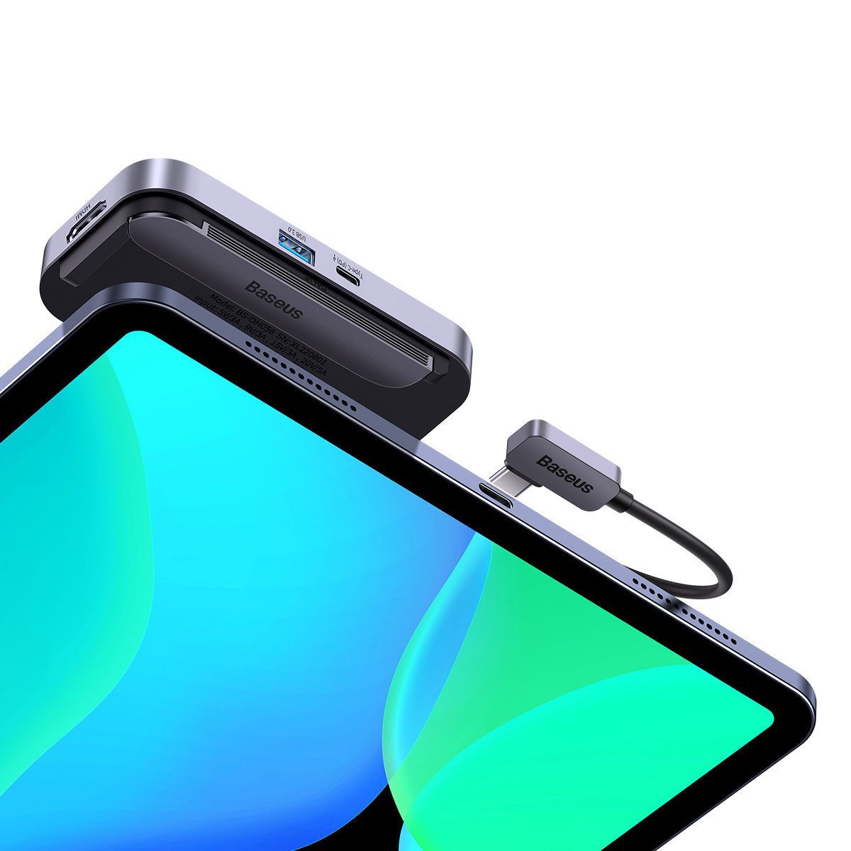 Szary adapter Baseus łączy się z tabletem z niebiesko-zielonym ekranem.