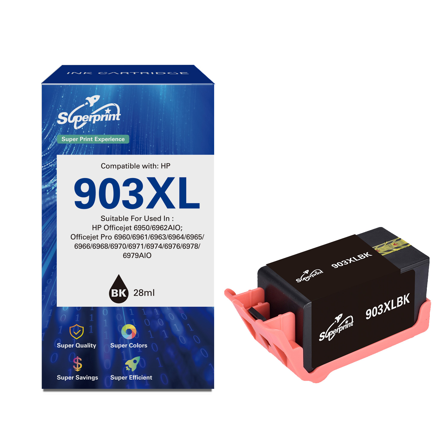 De inktpatroonverpakking toont de branding '903XL' en 'Superprint' naast de zwarte inktpatroon.