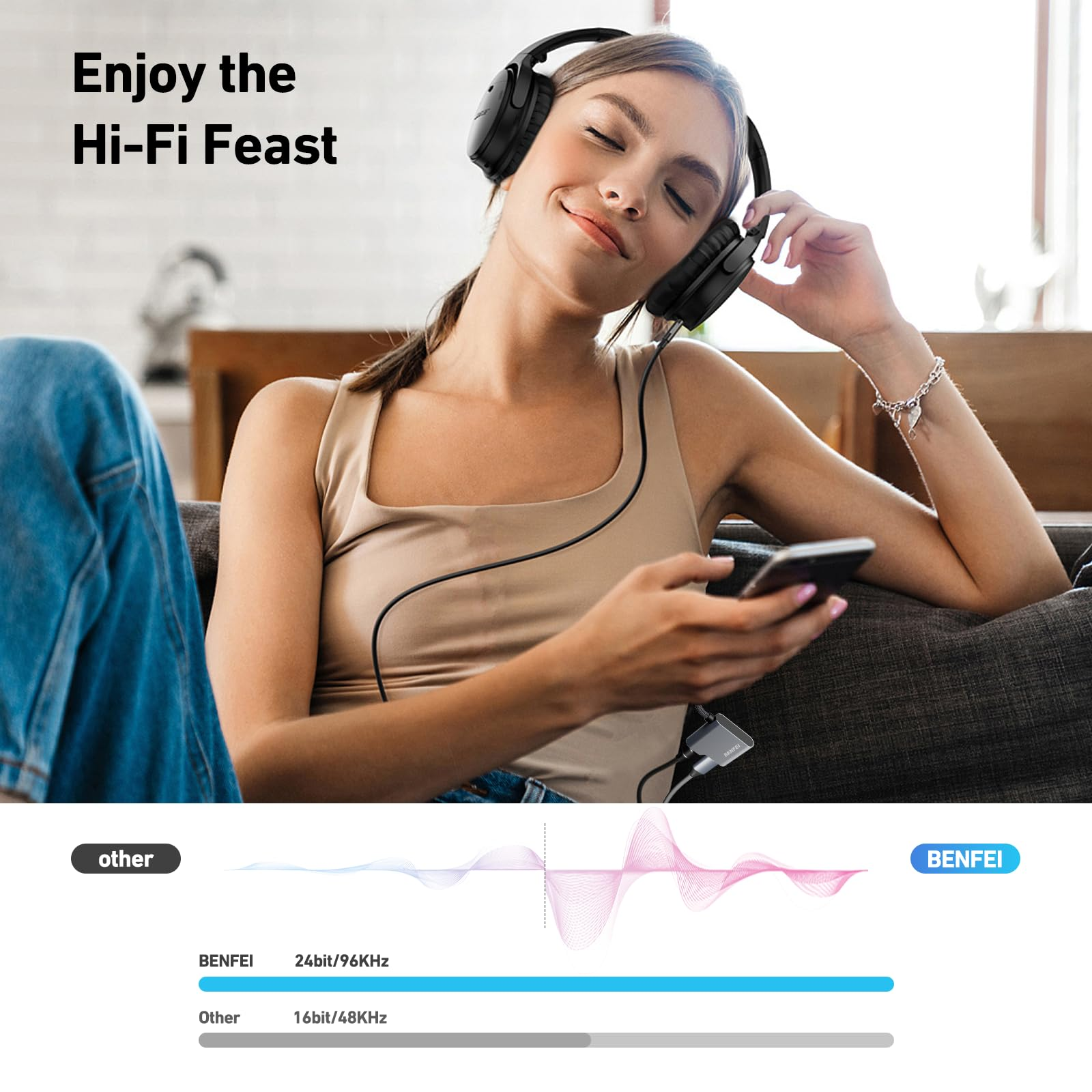 Eine Frau genießt Musik mit Kopfhörern, Diagramme zeigen Unterschiede in der Audioqualität. „Genießen Sie das Hi-Fi-Festmahl“.