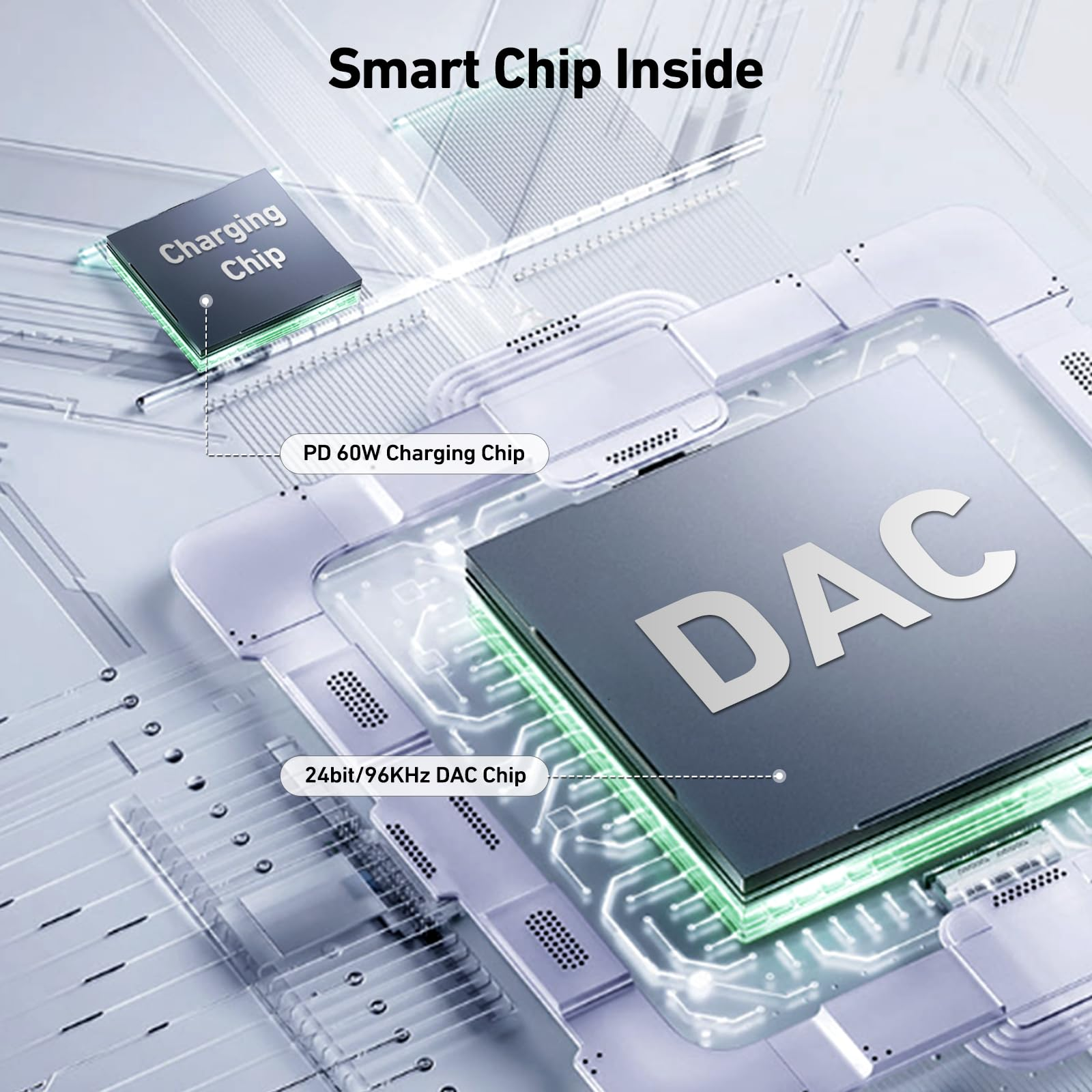 Bild einer Leiterplatte mit den Wörtern „DAC“ und „Charging Chip“ auf den Komponenten.