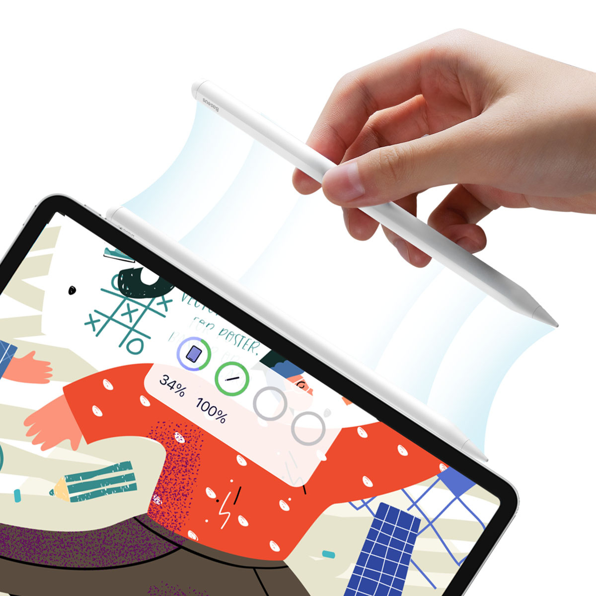 Ręka trzyma biały rysik nad tabletem wyświetlającym kolorowy rysunek.