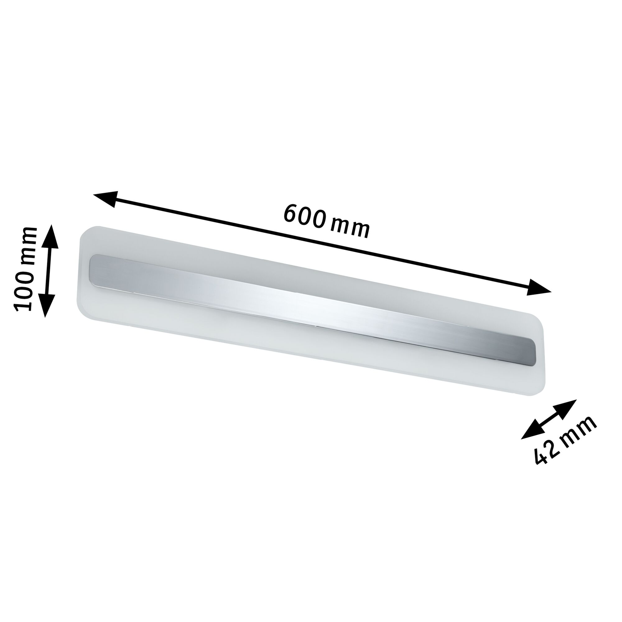 Eine Illustration einer rechteckigen Leuchte mit Abmessungen in Millimetern.