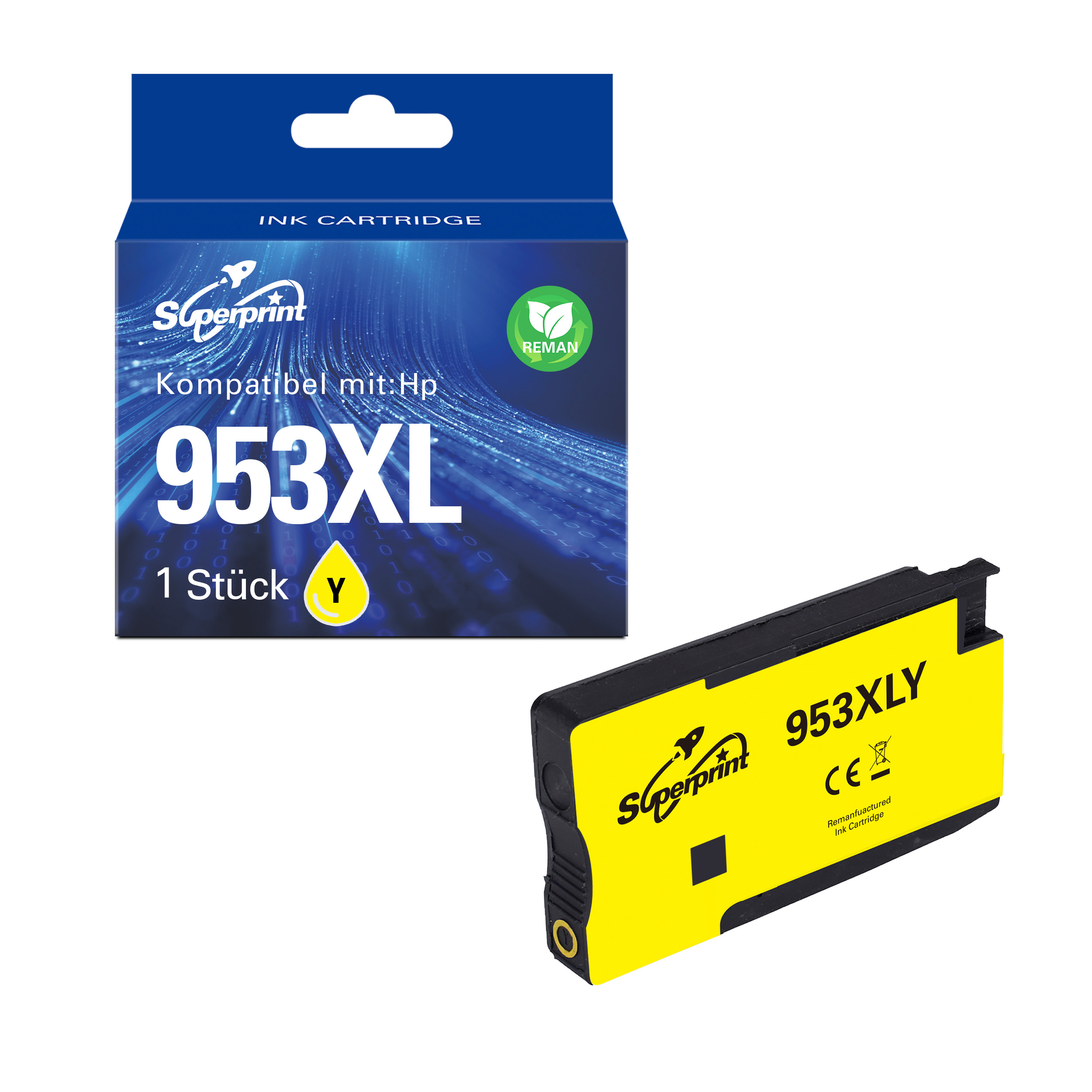 Une cartouche d'encre jaune et une boîte sur un fond blanc pour les recharges d'imprimante.