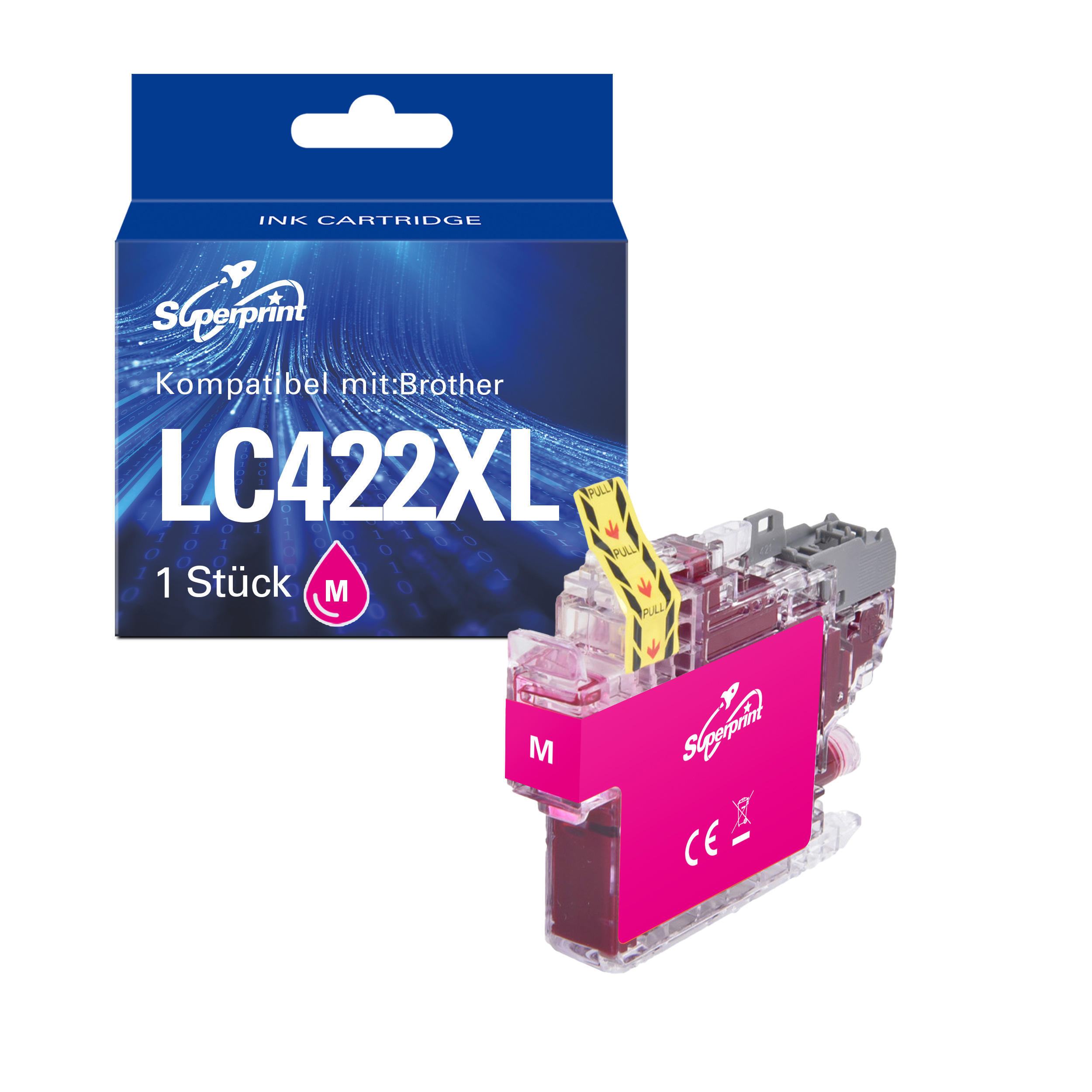 Une cartouche d'encre magenta et une boîte étiquetée 'LC422XL' pour les imprimantes Brother, par Superprint.