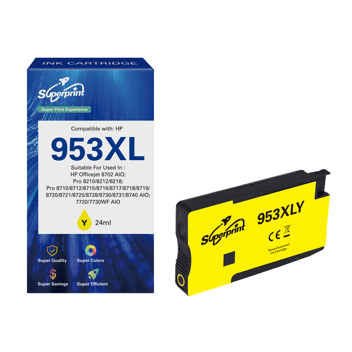 Une cartouche d'encre jaune et une boîte étiquetée '953XL' pour les imprimantes HP, par Superprint.