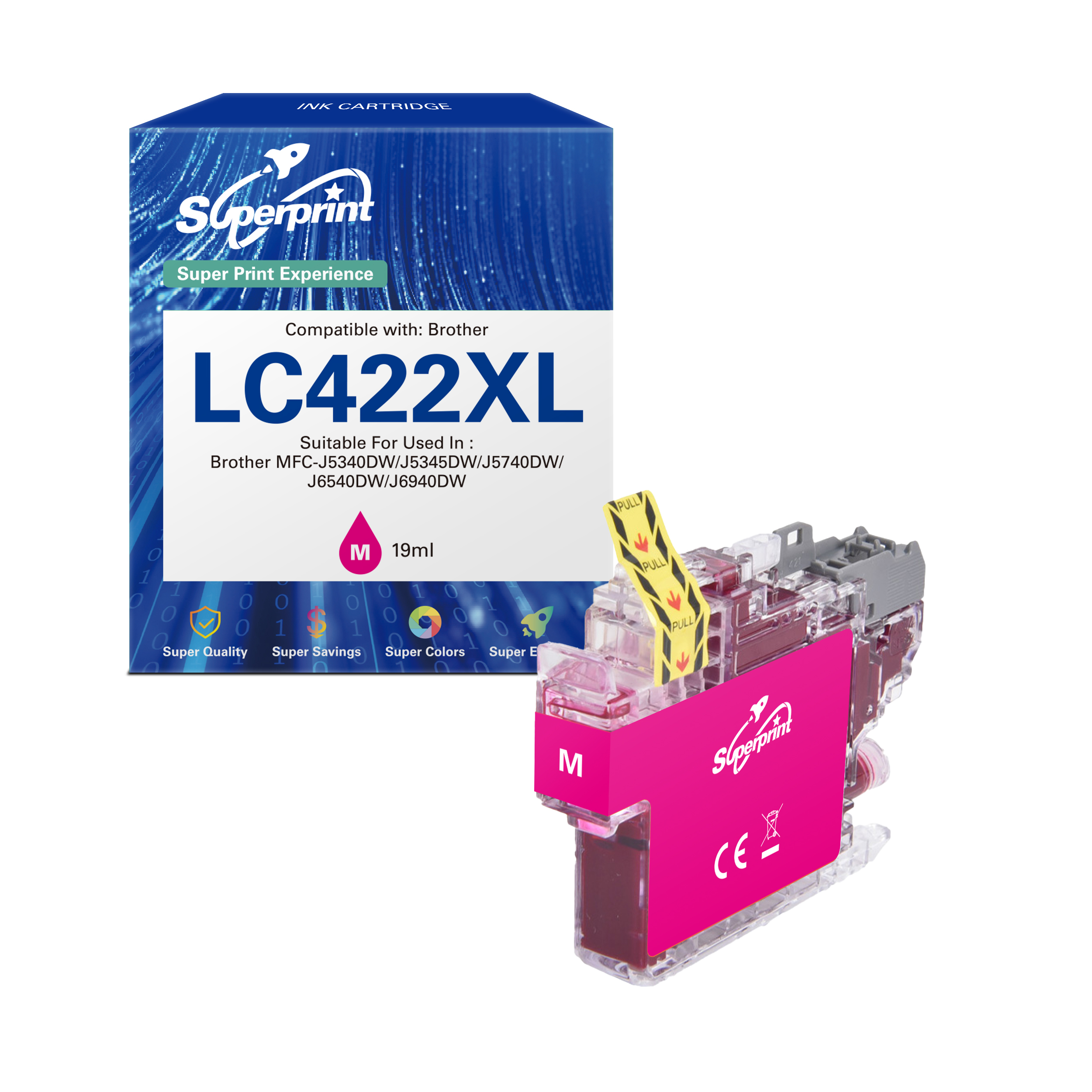 Une cartouche d'encre magenta et une boîte étiquetée 'LC4222XL' pour les imprimantes Brother, par Superprint.