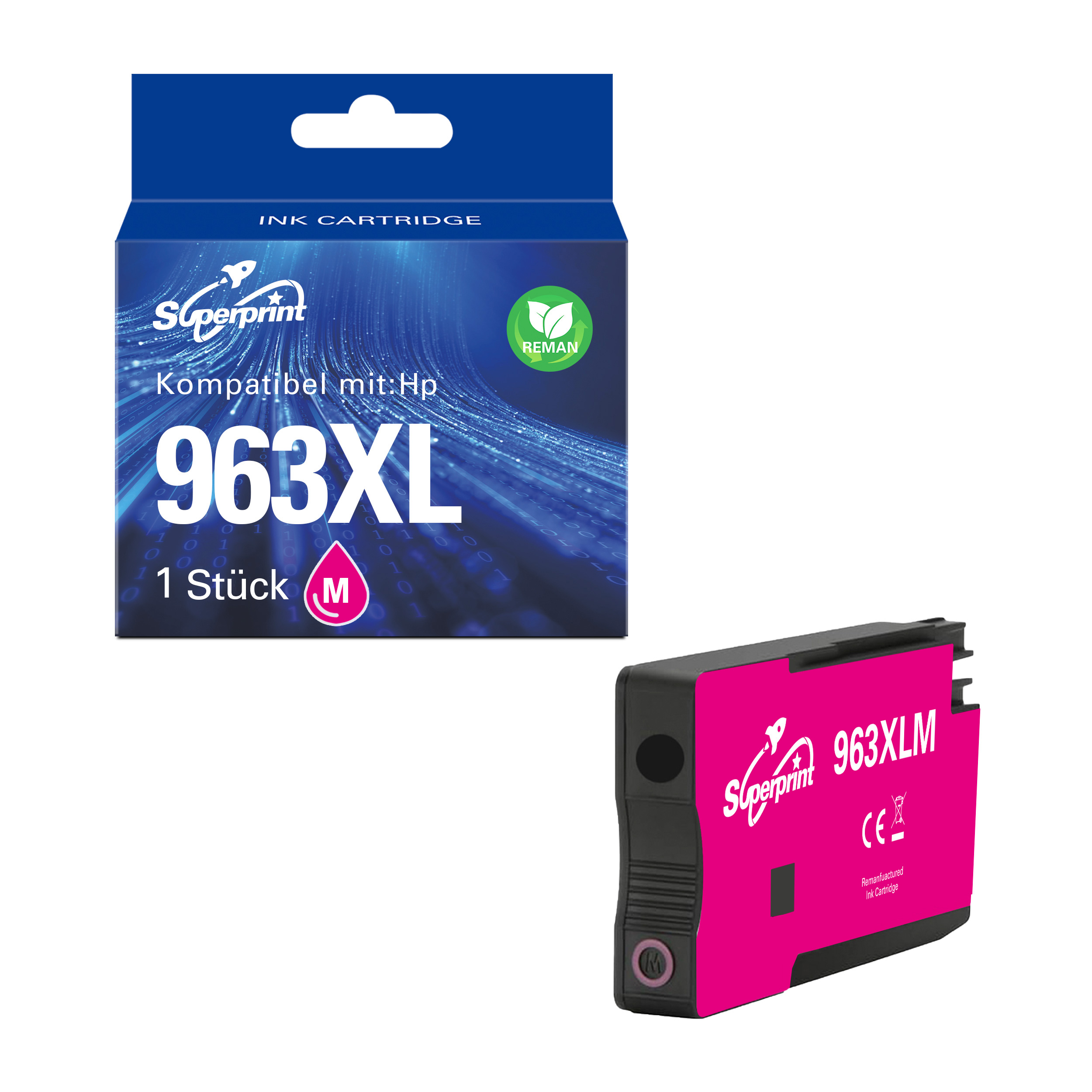 Une cartouche d'encre magenta et sa boîte sont affichées, avec le nom de la marque "Superprint" visible.