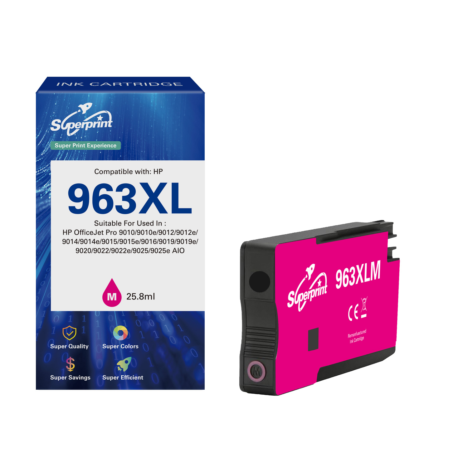 Une cartouche d'encre magenta et son emballage sont affichés, avec la marque "Superprint".
