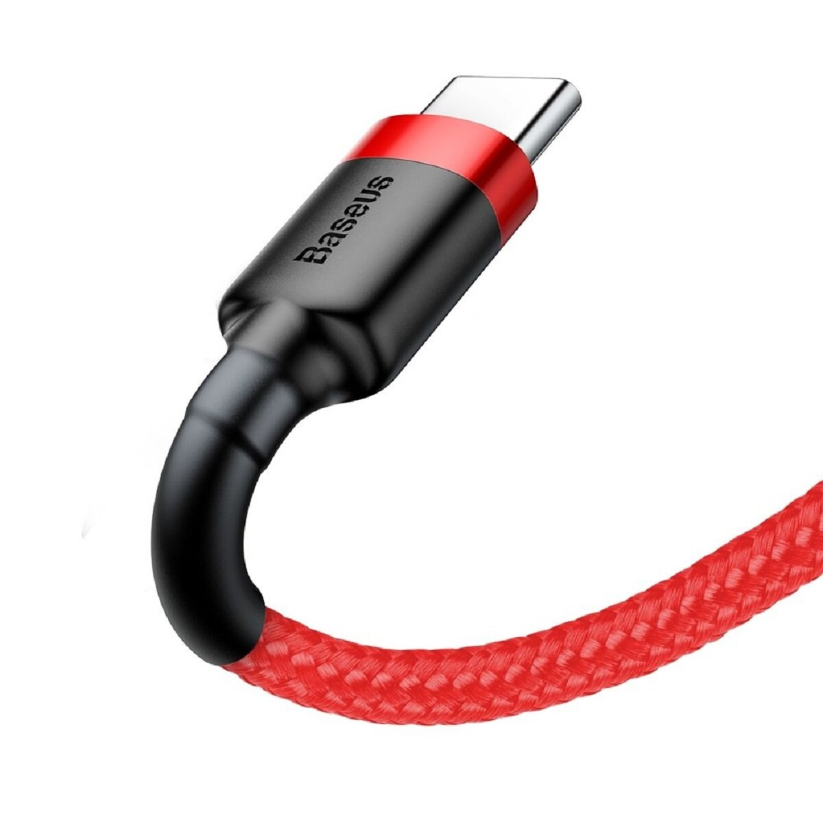 Zbliżenie kabla USB-C firmy Baseus w kolorze czerwono-czarnym.