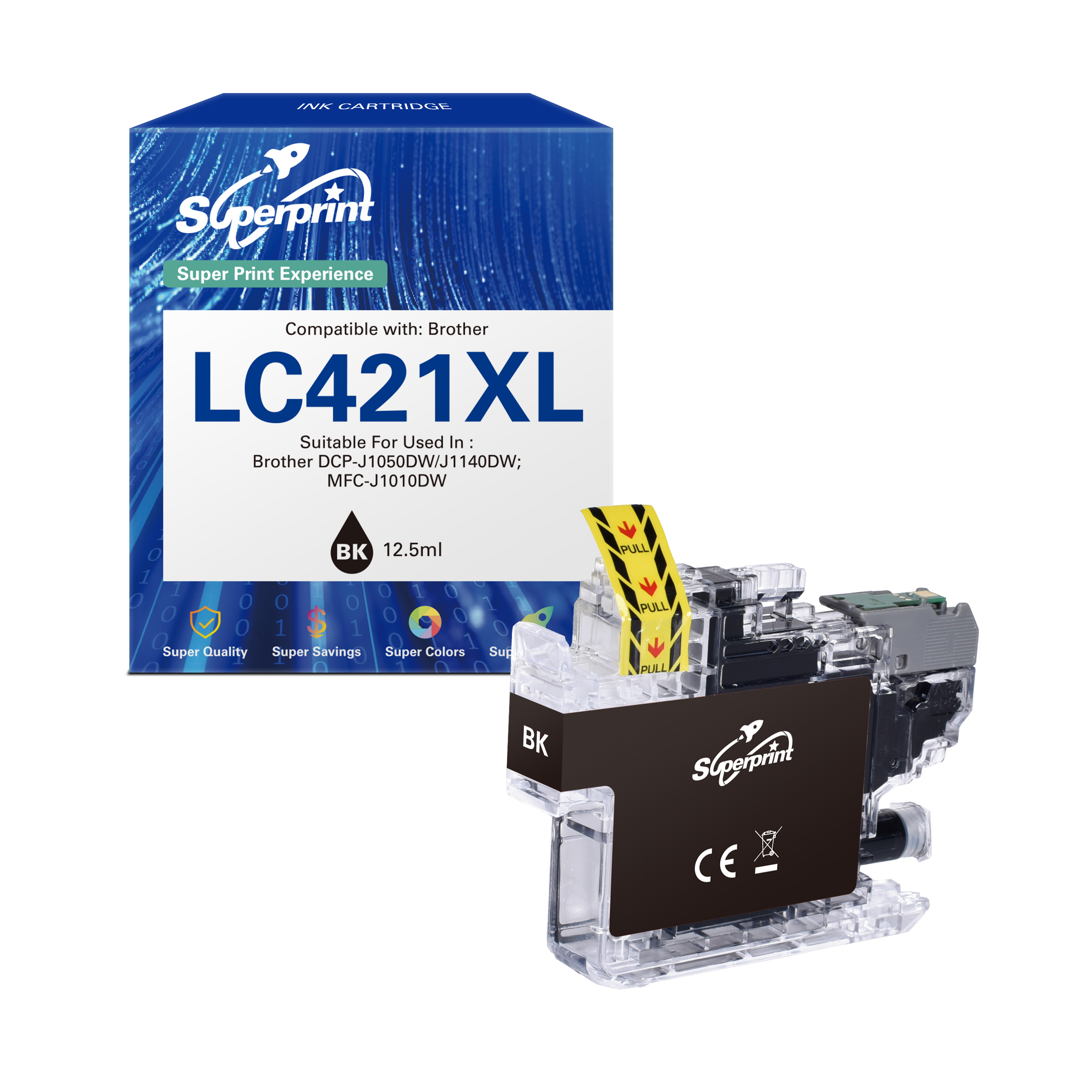 Een Superprint zwarte inktcartridge voor Brother LC421XL printers wordt getoond naast de blauw-witte verpakking.