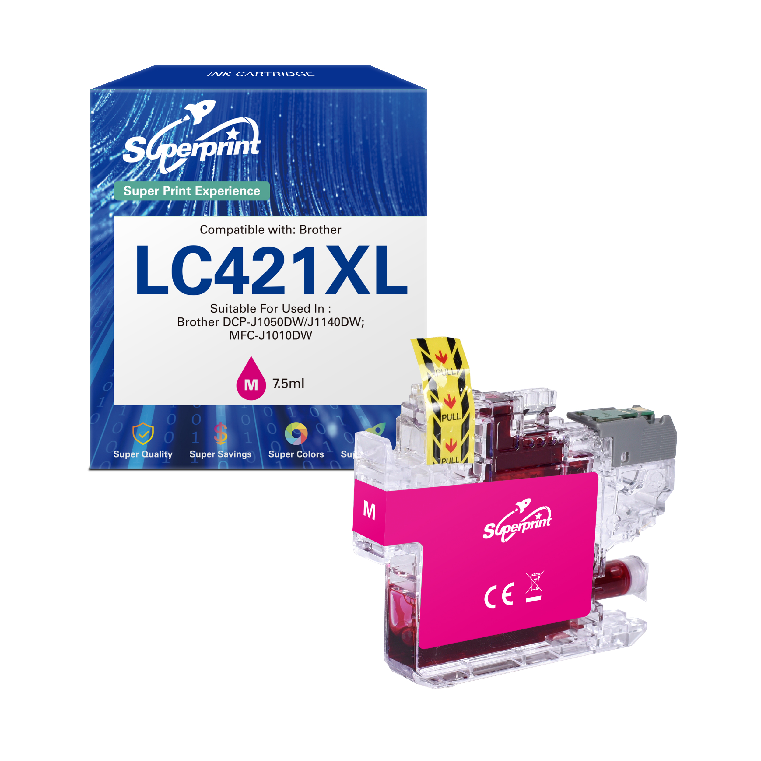Een Superprint magenta inktcartridge voor Brother LC421XL printers wordt getoond naast de blauw-witte verpakking.