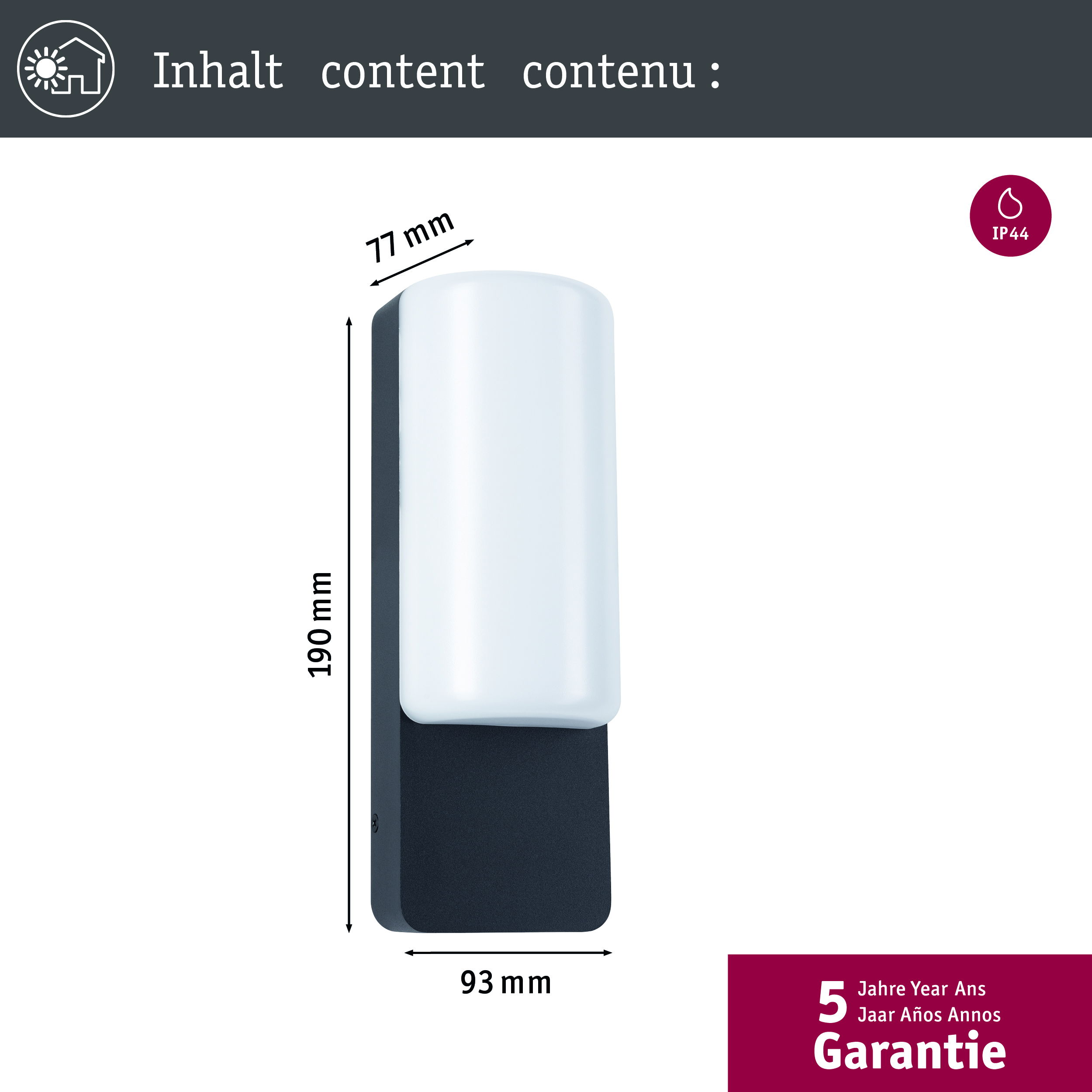 Czarno-biała oprawa oświetleniowa zewnętrzna jest wyświetlana z wymiarami: 77 mm, 190 mm i 93 mm. Tekst brzmi: Garantie (gwarancja).