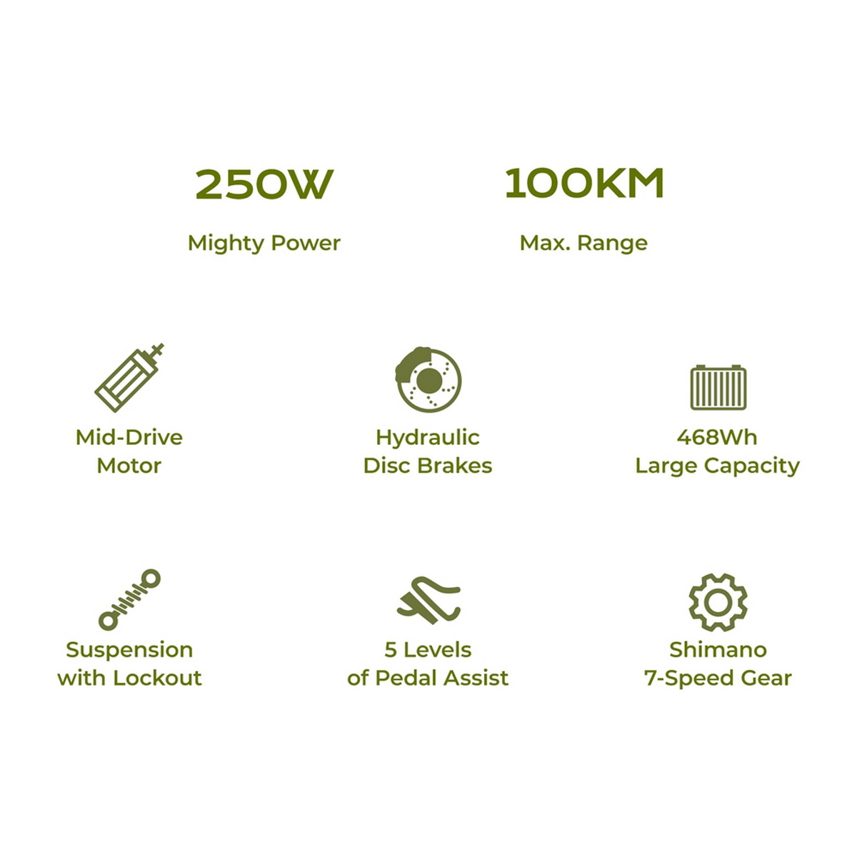 Obraz z ikonami i tekstem wyświetlający cechy roweru elektrycznego, takie jak moc, zasięg i hamulce.