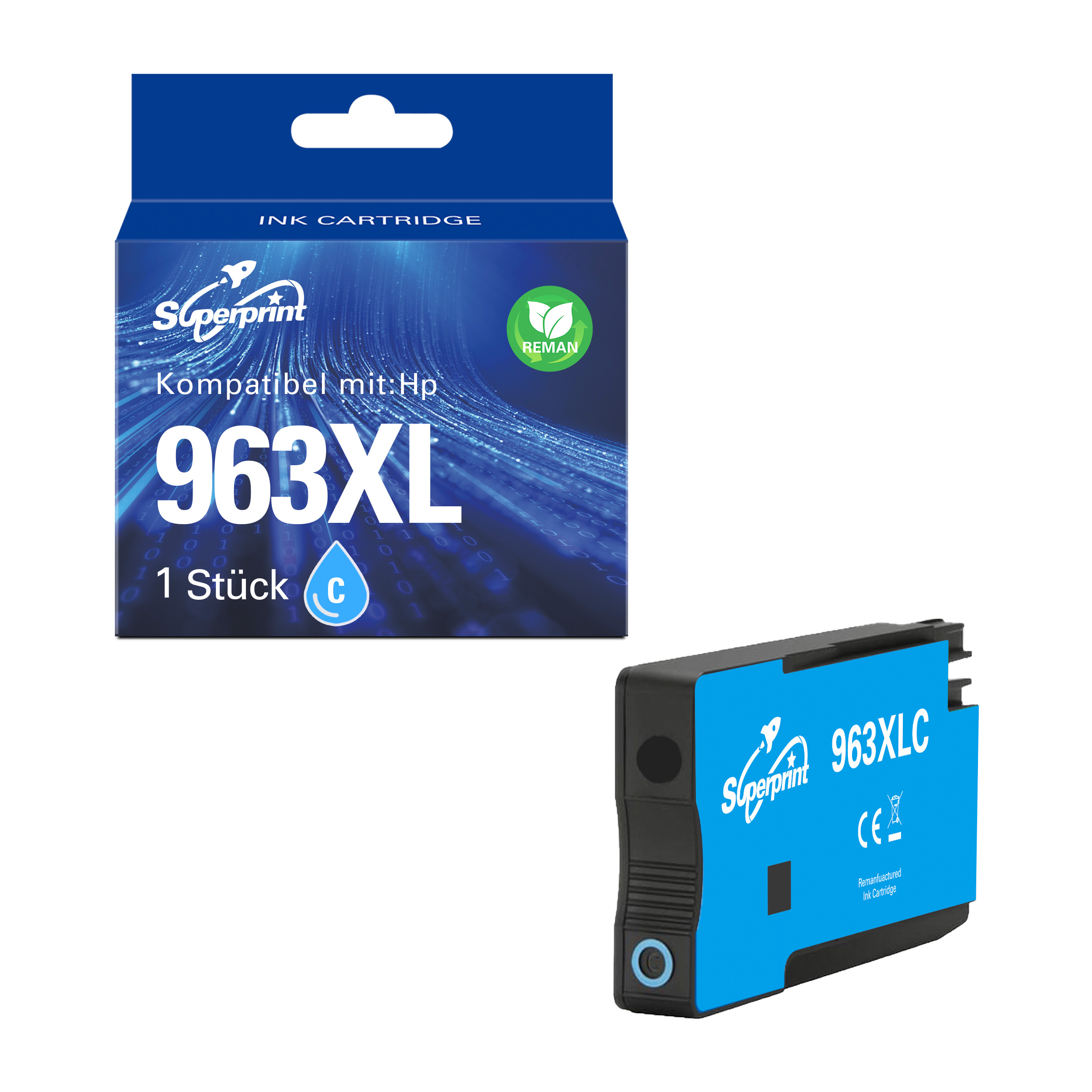 Une cartouche d'encre cyan Superprint pour imprimantes HP 963XL est présentée à côté de son emballage bleu et blanc.