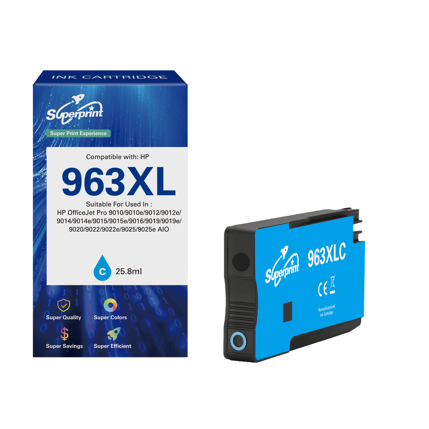 Une cartouche d'encre cyan et sa boîte sont présentées. La boîte porte le texte "963XL" et est bleue.