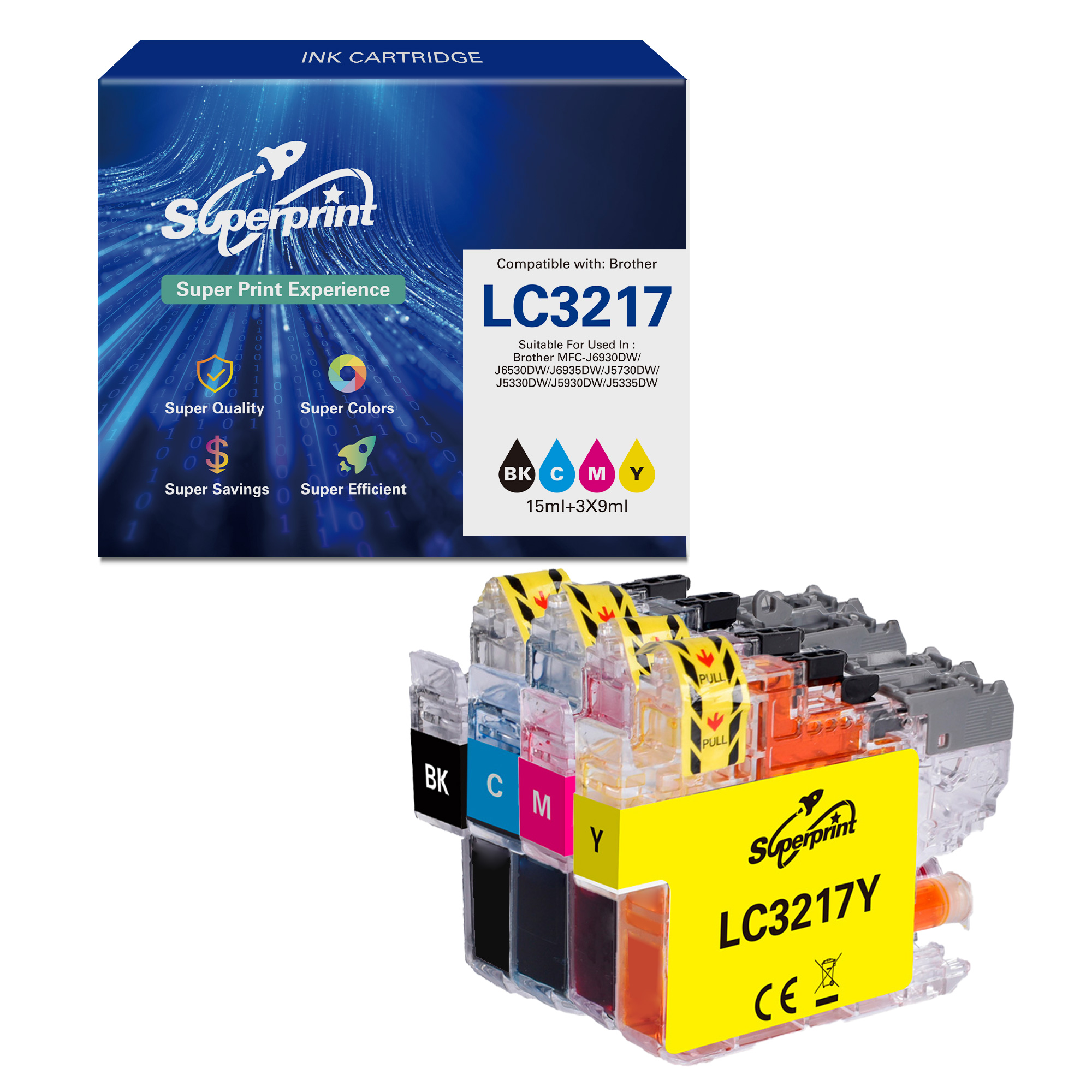 Printerinktcartridges in een doos, met zwarte, cyaan, magenta en gele kleuren. De cartridges zijn gelabeld LC3217.