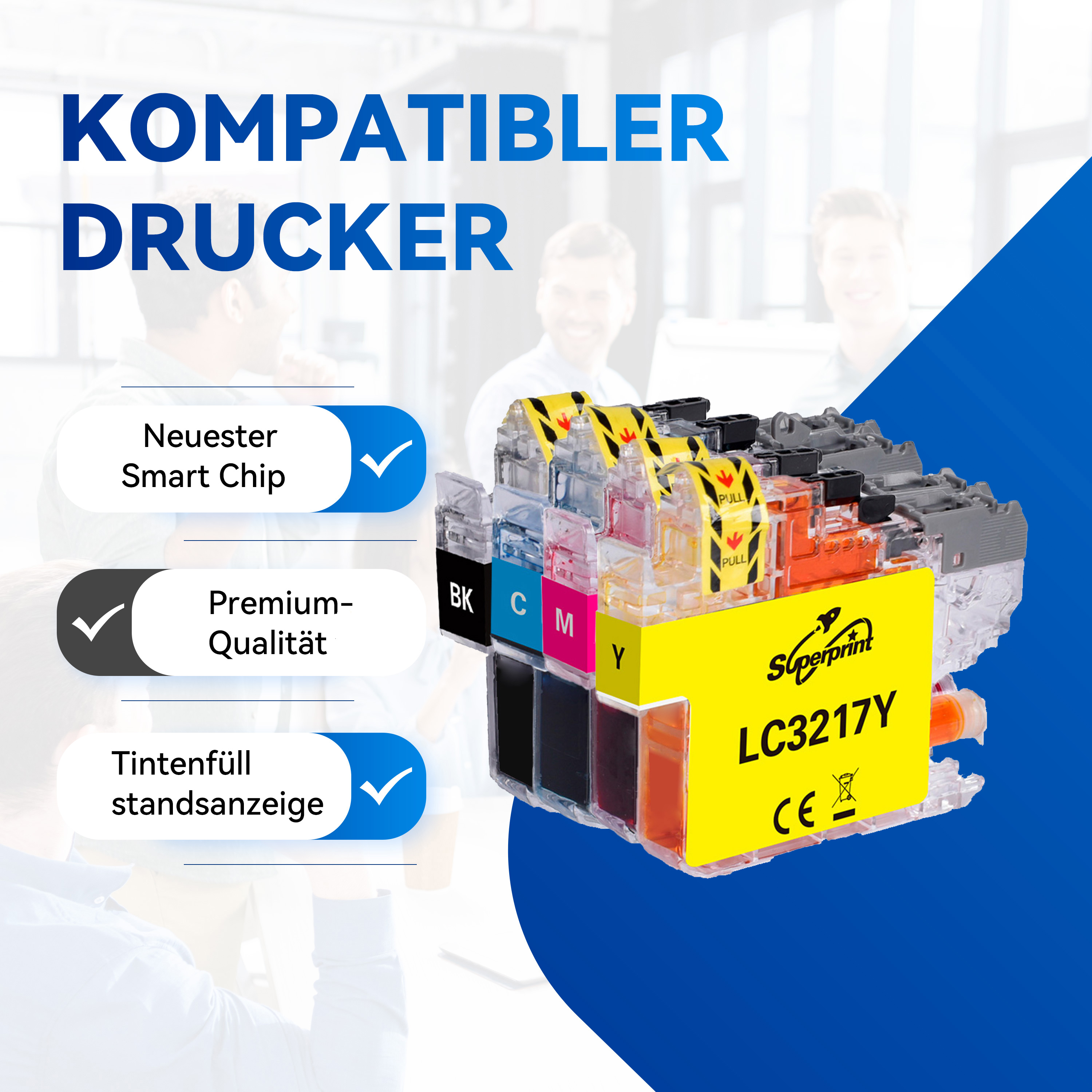 Printerinktcartridges met zwarte, cyaan, magenta en gele kleuren. De cartridges zijn gelabeld LC3217Y.