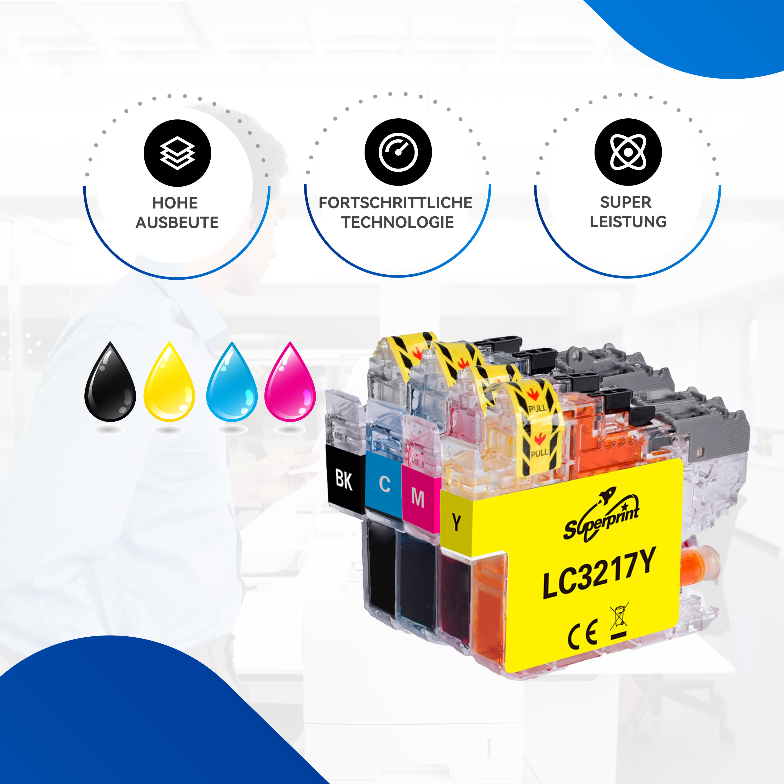 Printerinktcartridges met zwarte, cyaan, magenta en gele kleuren. Er staan gekleurde druppels ernaast.