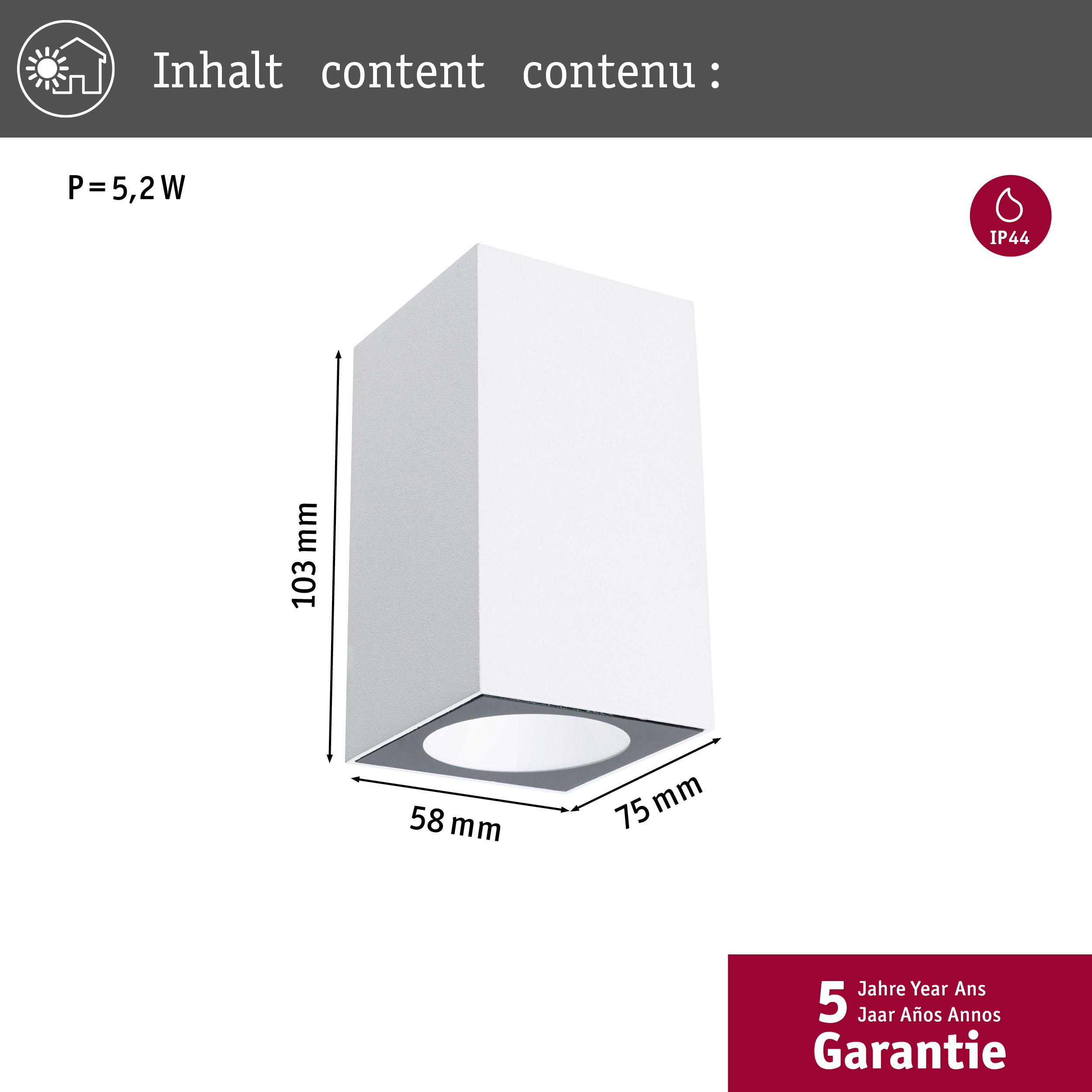 Eine weiße, rechteckige Leuchte mit Abmessungen wird auf einem weißen Hintergrund angezeigt.