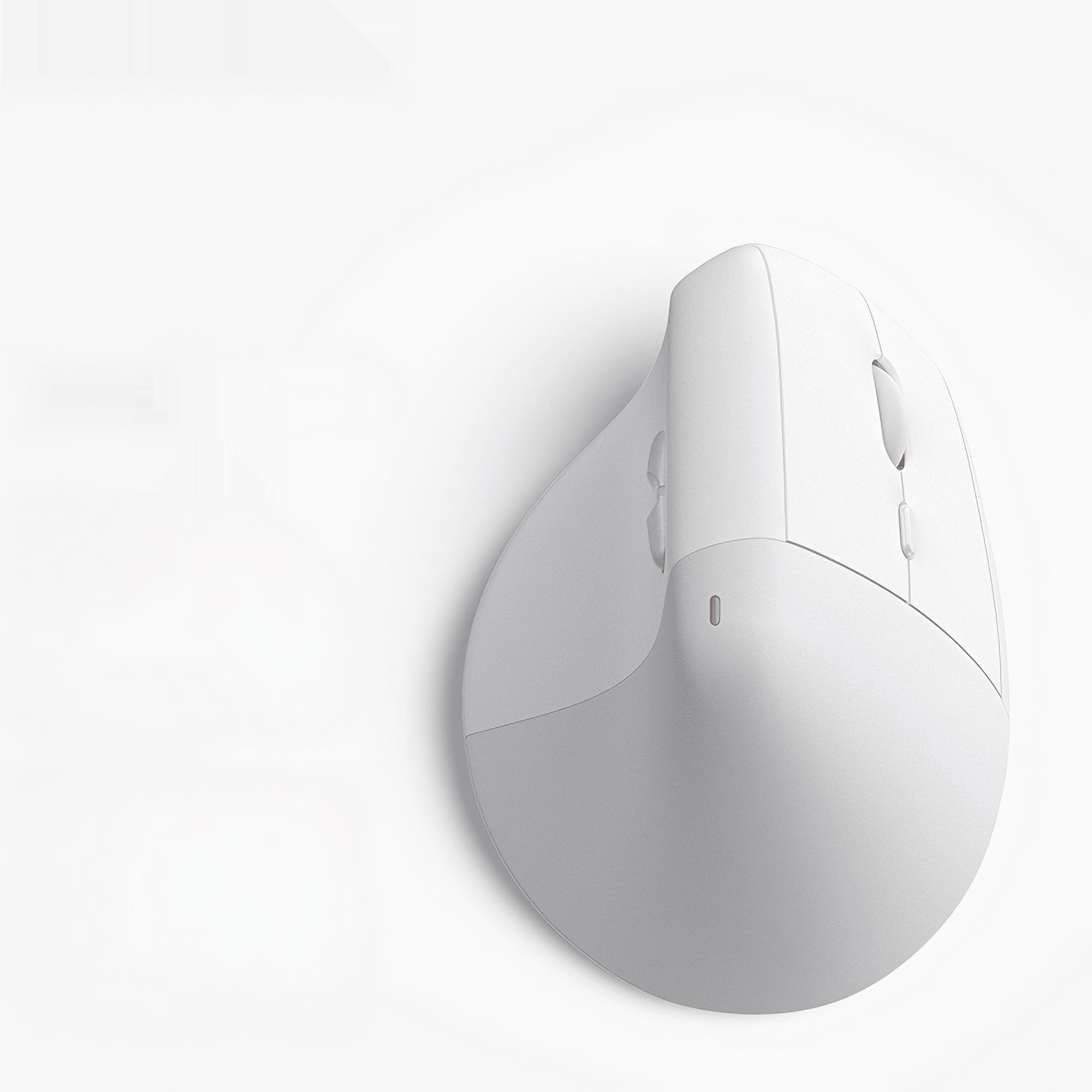 Eine weiße ergonomische Maus wird auf einem weißen Hintergrund angezeigt, um ihre Form und Designmerkmale hervorzuheben.