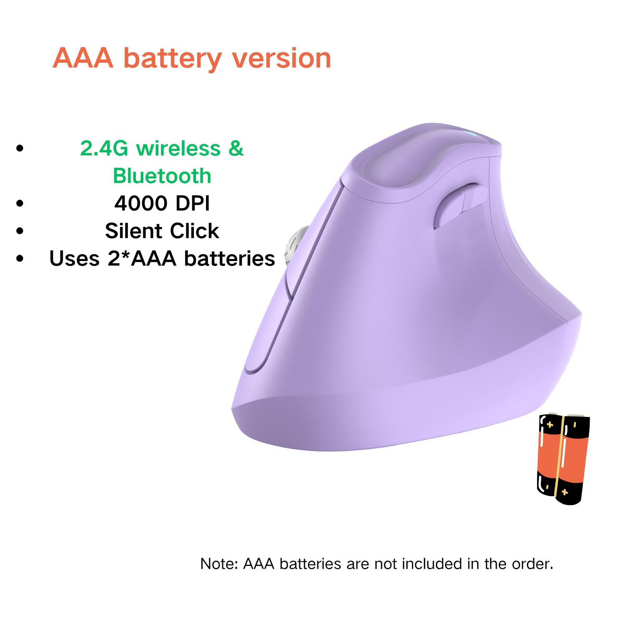 Eine hellviolette ergonomische Maus sitzt neben zwei AAA-Batterien und hebt ihre kabellosen und geräuschlosen Klickfunktionen hervor.