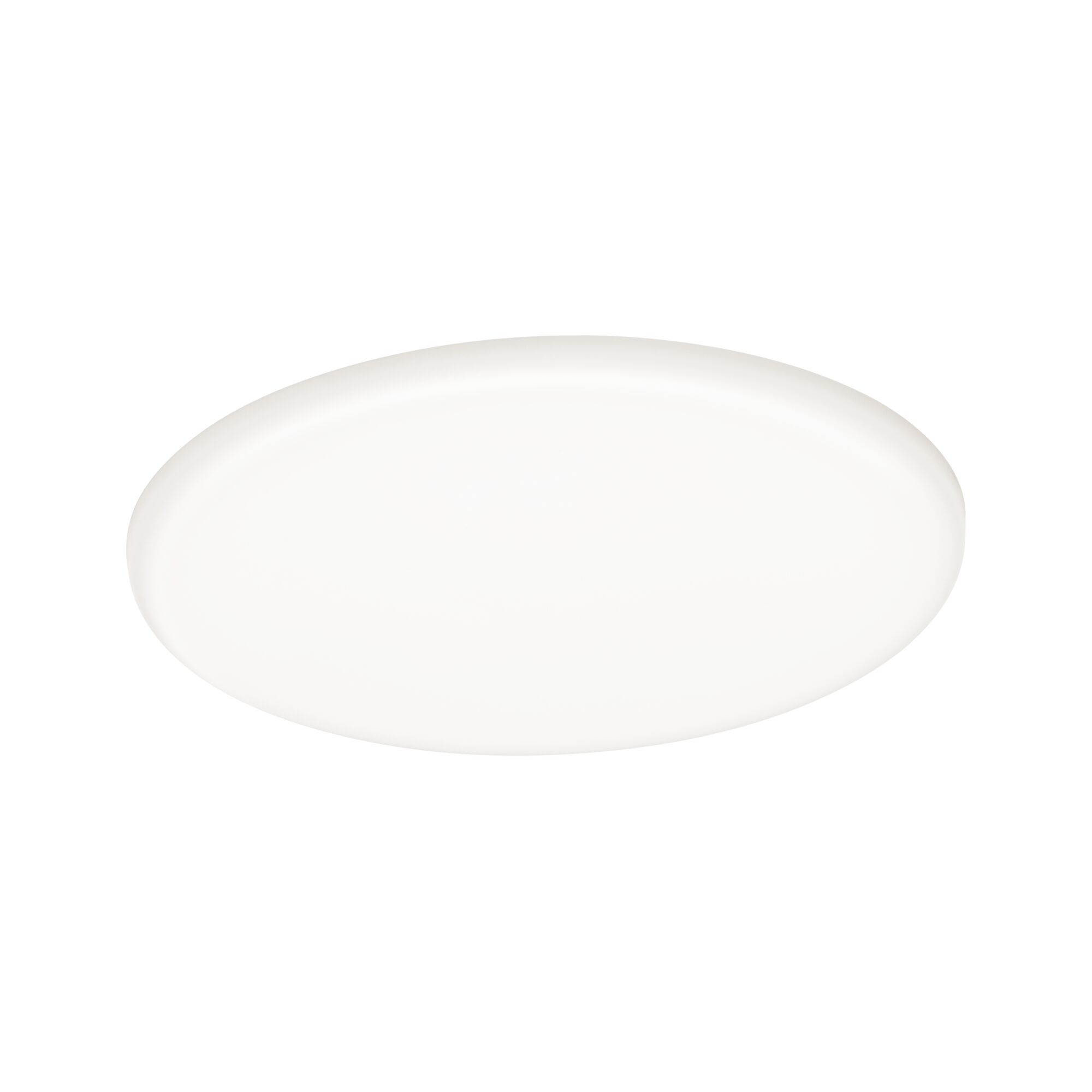 Una plafoniera circolare bianca liscia è centrata su uno sfondo bianco, mostrando il suo design semplice.