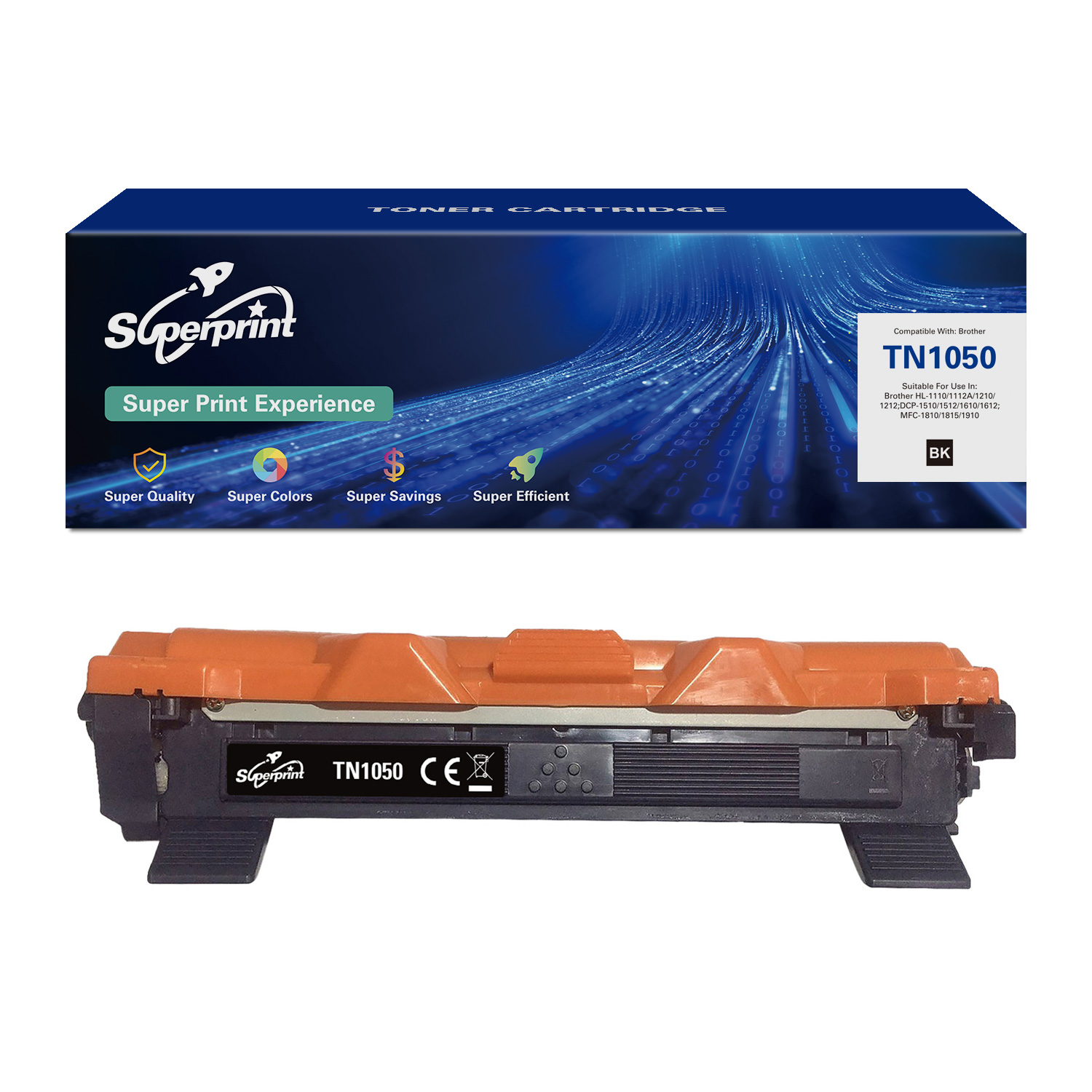 Boîte et cartouche de toner. Cartouche de toner orange avec boîte. La boîte affiche 'TN1050'.