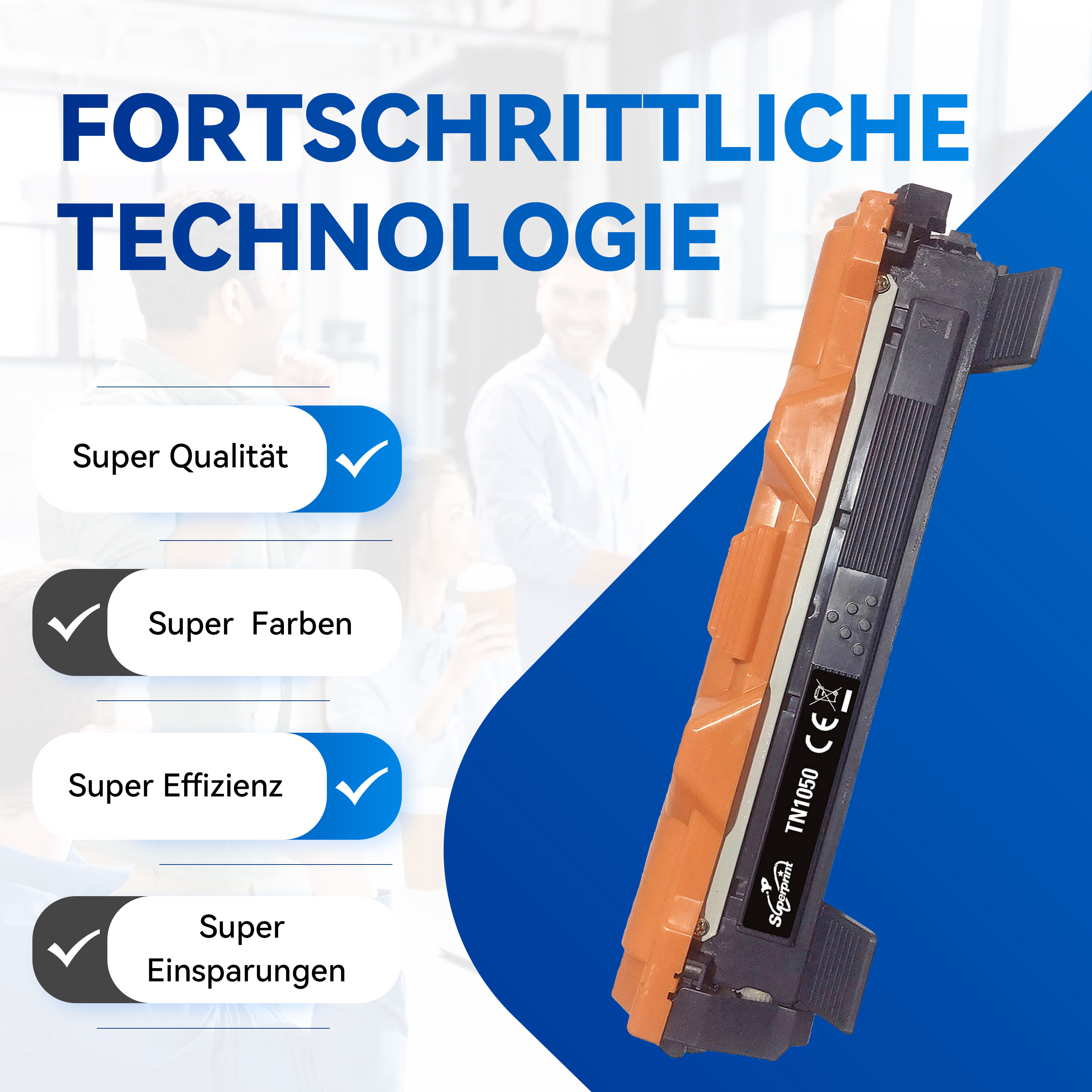 Cartouche de toner orange et graphiques promotionnels. Caractéristiques : super qualité, couleurs, économies, efficace.