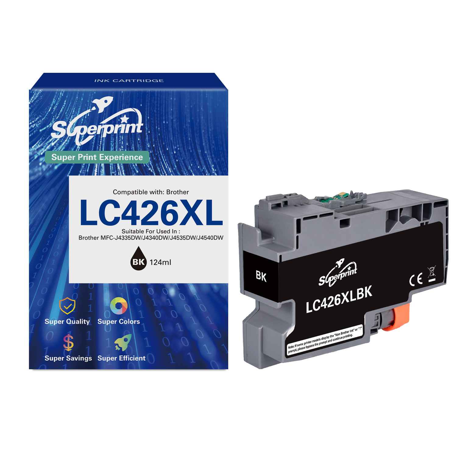Inktcartridge doos en cartridge. Doos met 'LC426XL', geschikt voor Brother printers, en zwarte cartridge.