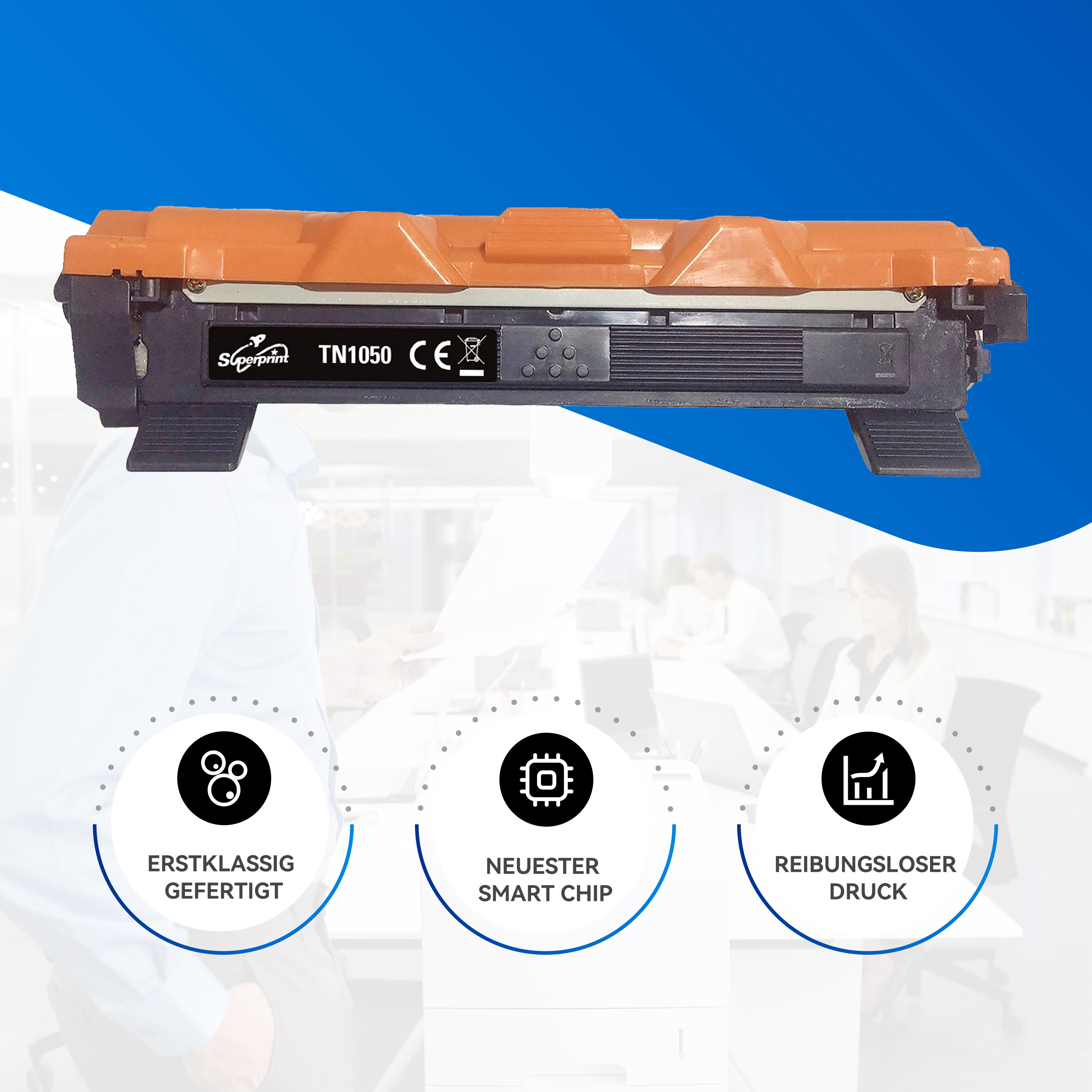 Cartouche de toner orange et icônes promotionnelles. Caractéristiques : qualité supérieure, puce intelligente, impression fluide.