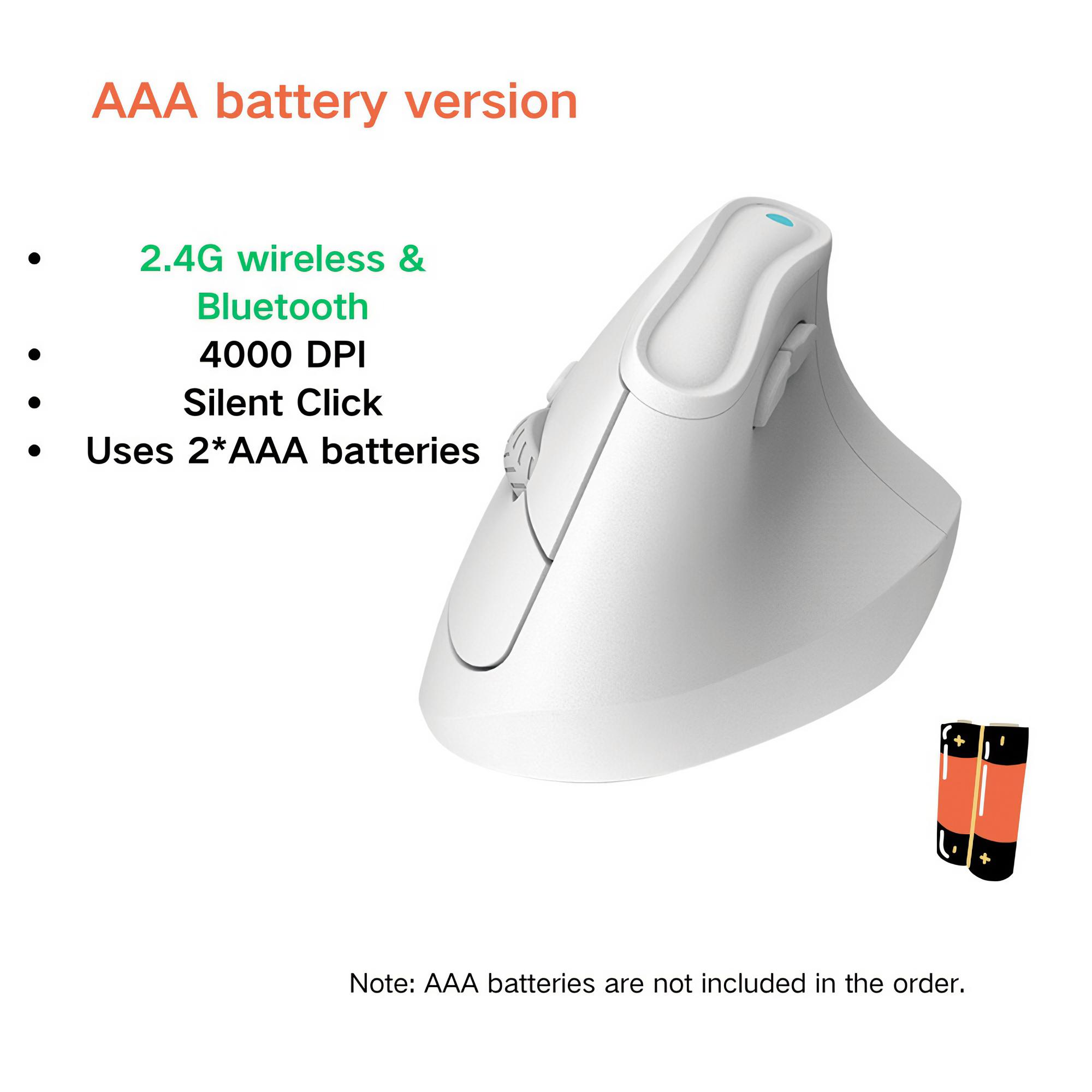Weiße ergonomische Maus mit zwei AAA-Batterien. 2,4G Wireless, Bluetooth, 4000 DPI, Silent Click.