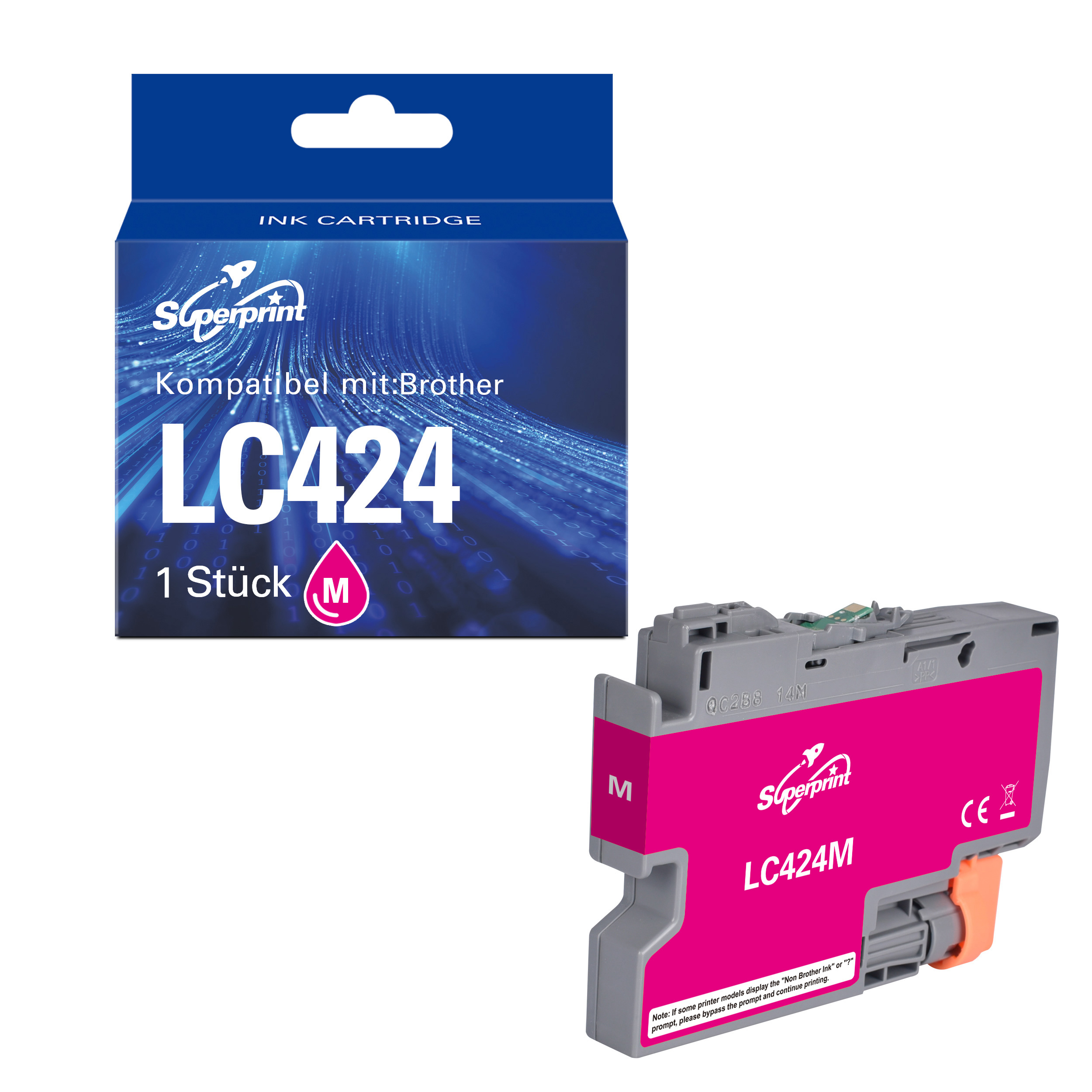 Tintenpatronenbox und Patrone. Rosa Patrone mit 'LC424M'. Box zeigt 'LC424' für Brother-Drucker.