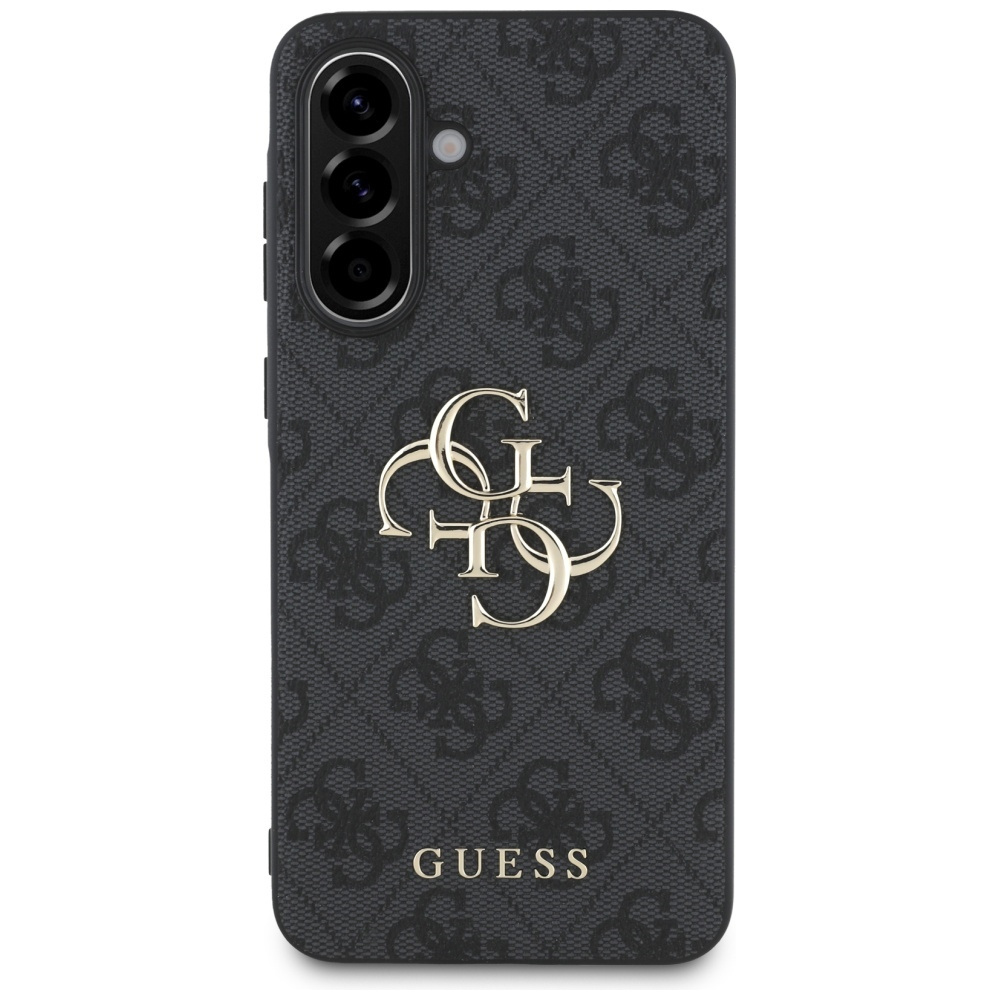 Una custodia nera per telefono con il logo Guess. Ha un motivo ripetuto e un logo dorato.