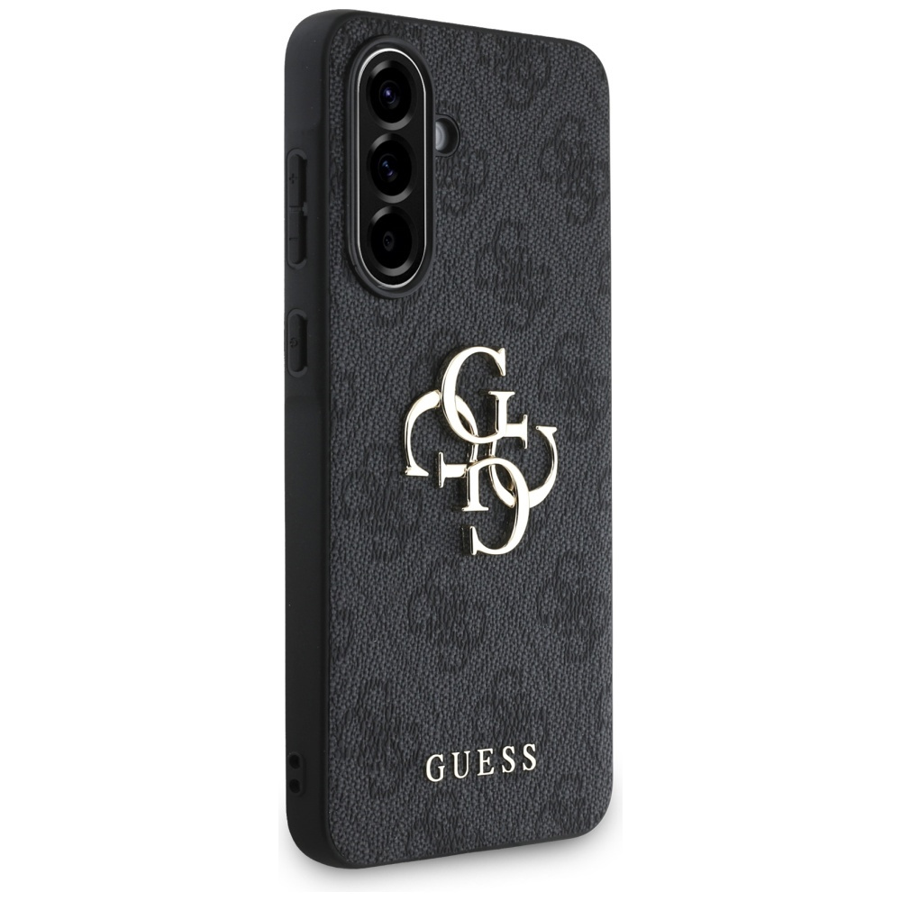 Una custodia nera per telefono con il logo Guess. La custodia ha un motivo ripetuto e un logo dorato.