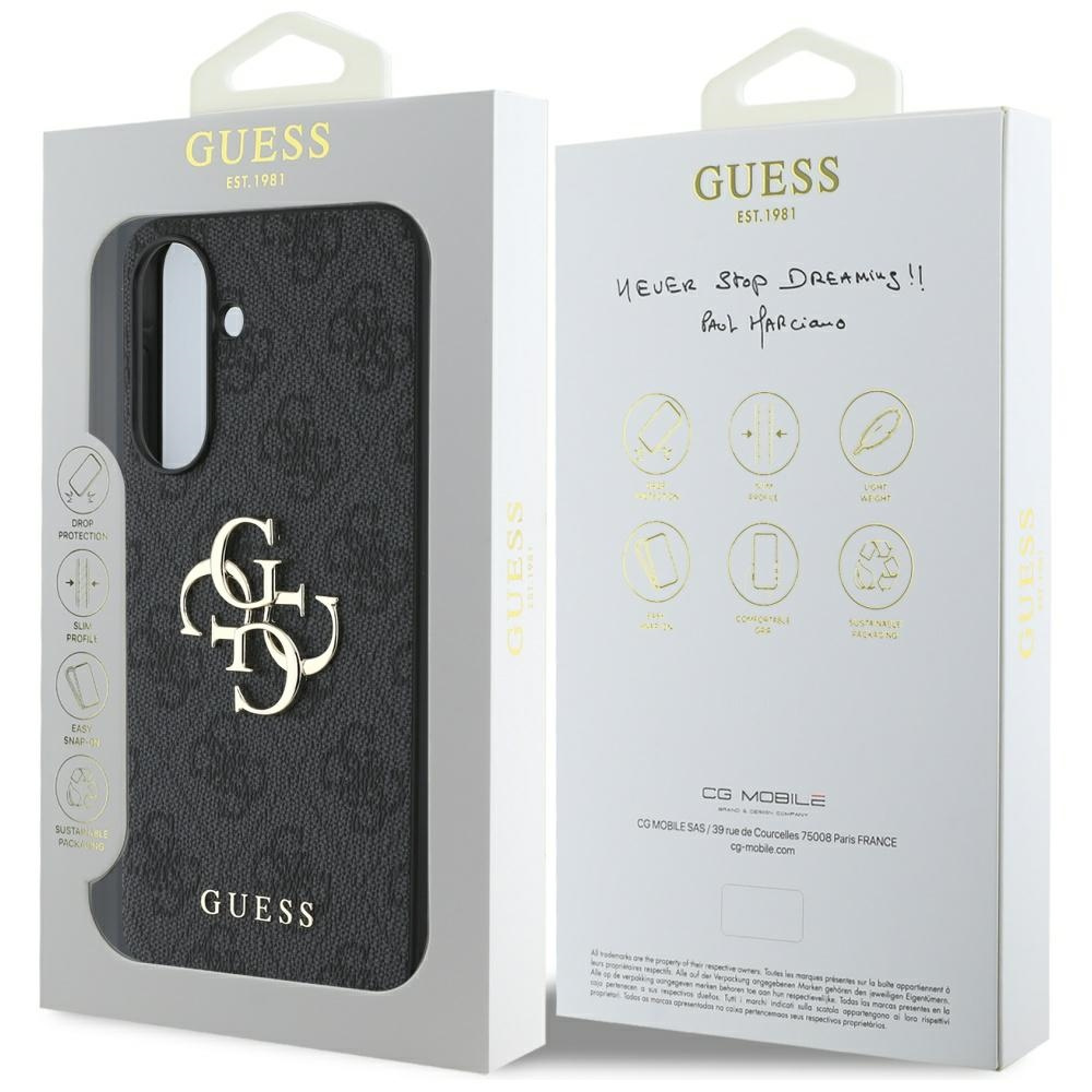 Una custodia per telefono con il logo Guess è mostrata nella sua confezione, che include una scatola bianca e dettagli.