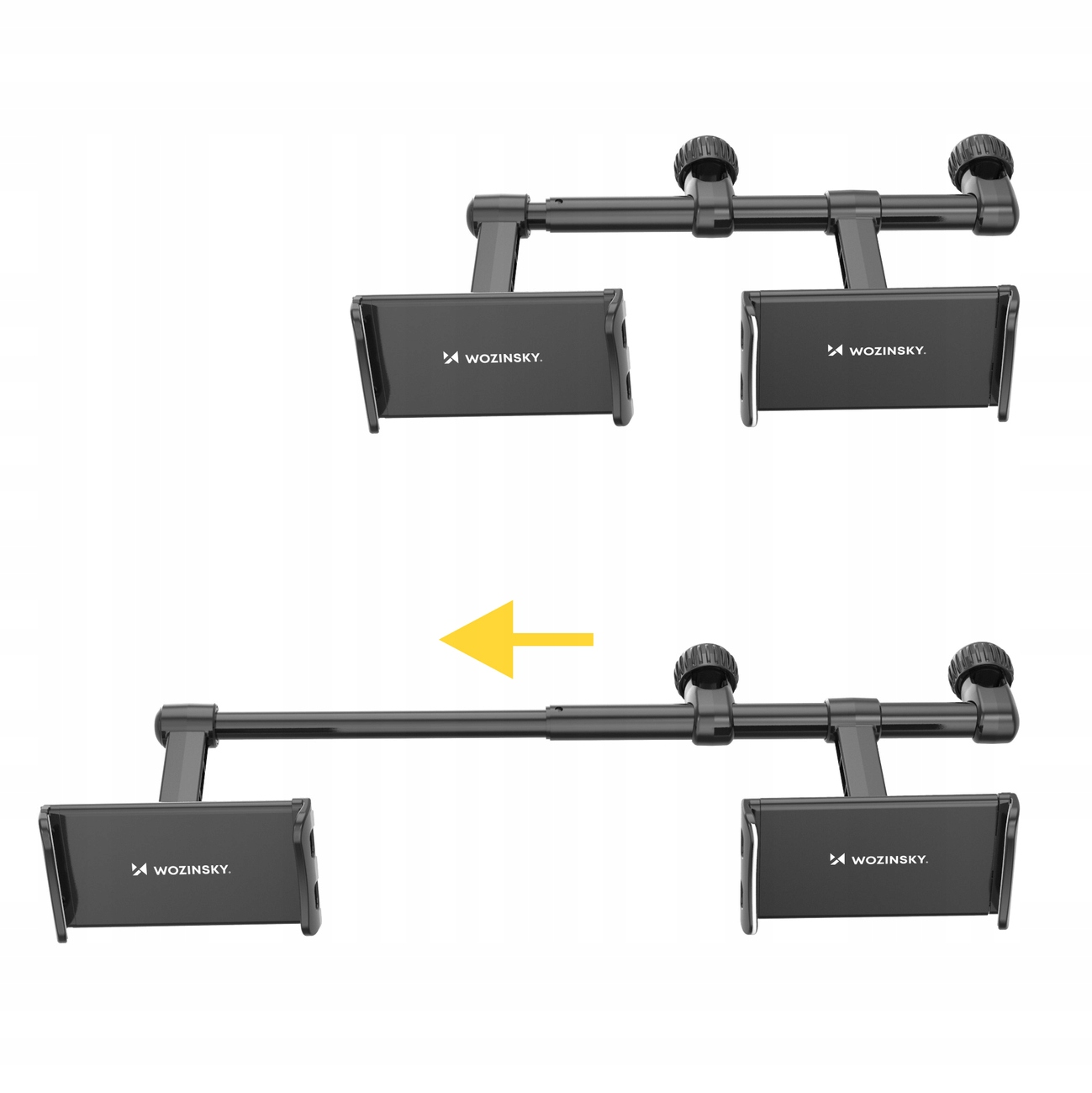 Uchwyt na telefon i tablet do zagłówka samochodowego, pokazany w dwóch konfiguracjach ze strzałką wskazującą regulację.