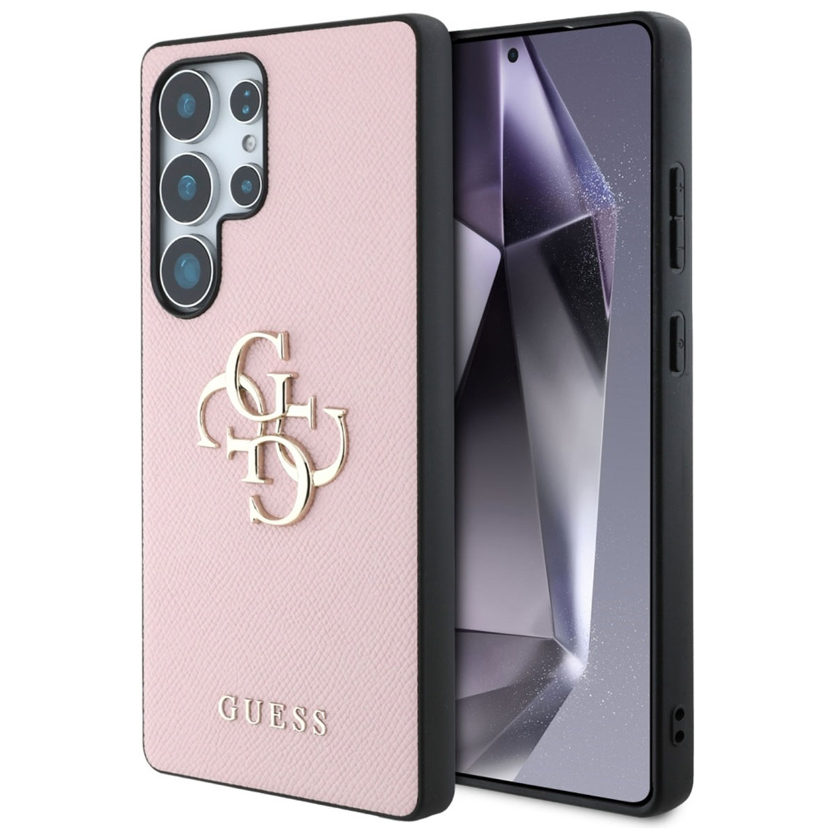 Różowe etui na telefon z logo Guess. Etui ma powtarzający się wzór i złote logo.