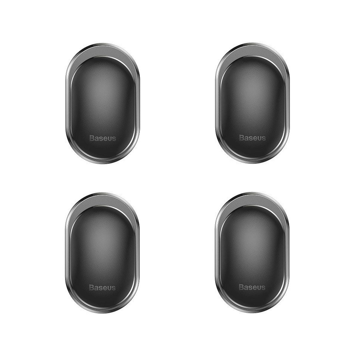 Cztery czarne, owalne magnetyczne uchwyty do telefonu ze srebrną obwódką, na białym tle.