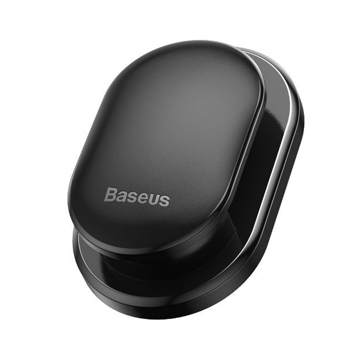 Czarny magnetyczny uchwyt na telefon Baseus ustawiony pod kątem na białym tle.