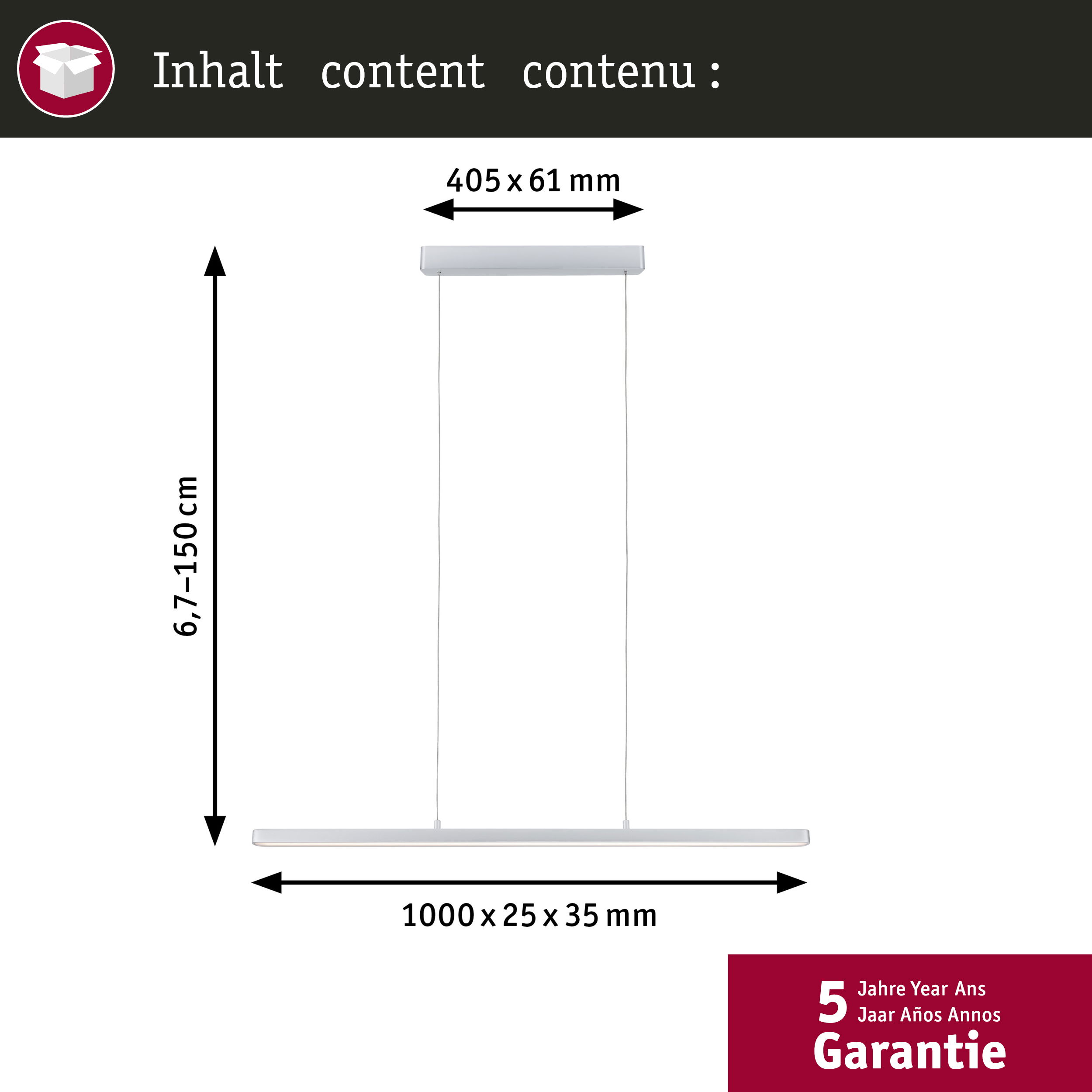 Un diagramma mostra le dimensioni di una lampada a sospensione a LED bianca con fili sottili.