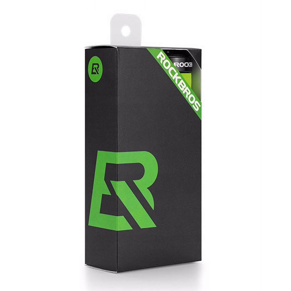 Czarne pudełko z zielonym logo i tekstem RockBros, odizolowane na białym tle.