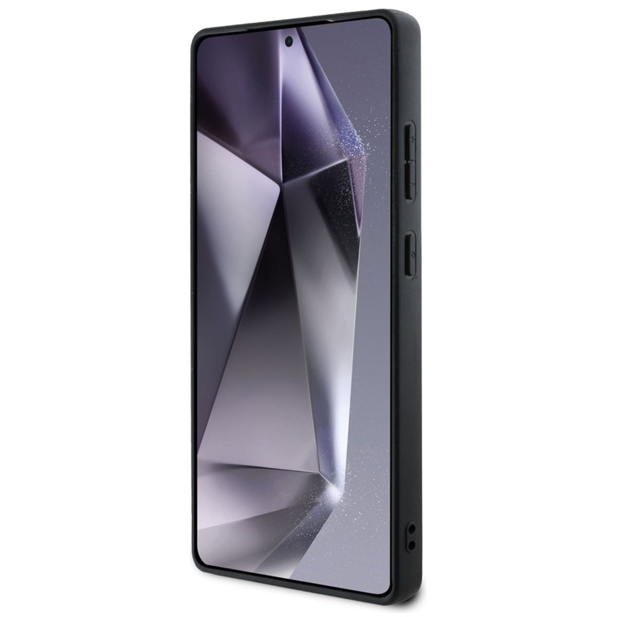 Czarne etui na telefon z geometrycznym wzorem na ekranie jest pokazane na białym tle, podkreślając jego design.