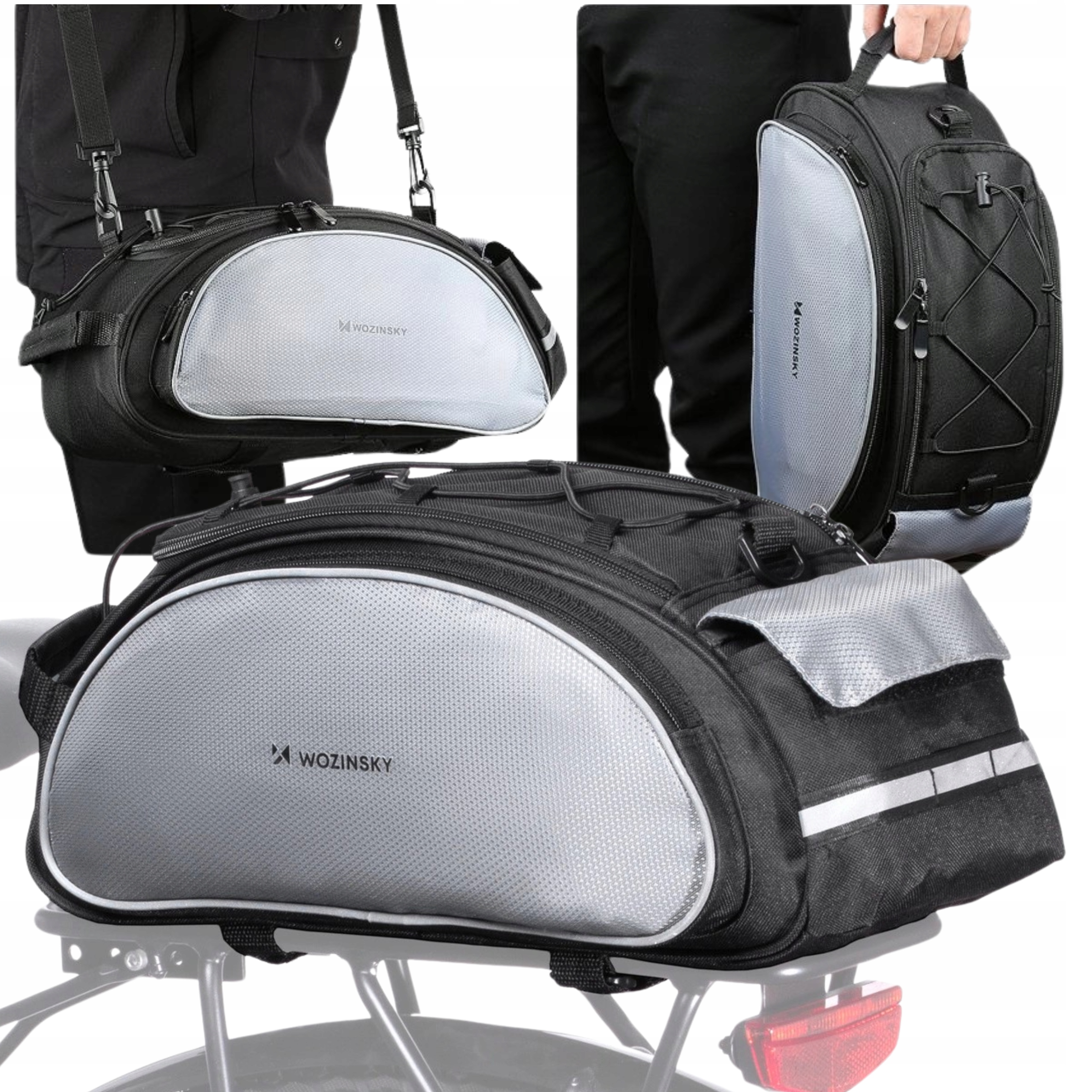 Trzy czarno-szare torby WOZINSKY są wyświetlane, podkreślając ich design i wszechstronność w przenoszeniu przedmiotów.