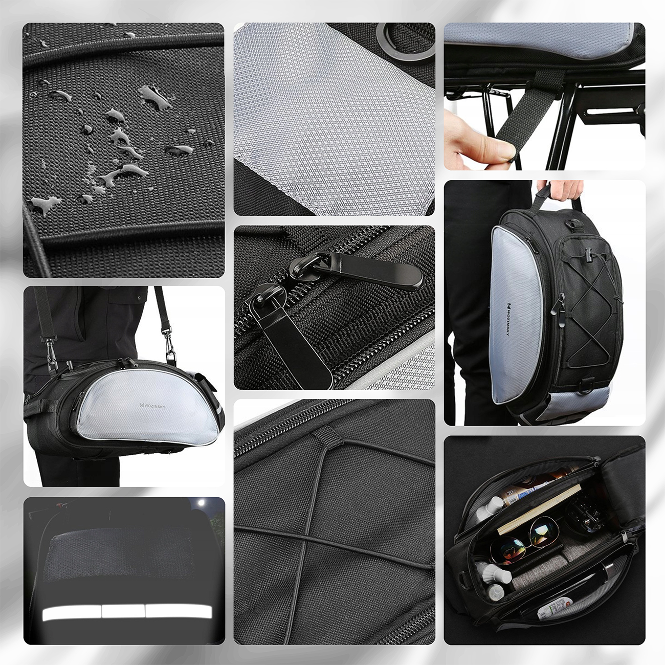 Kolaż prezentuje szczegóły czarno-szarej torby WOZINSKY, podkreślając jej wodoodporność i design.