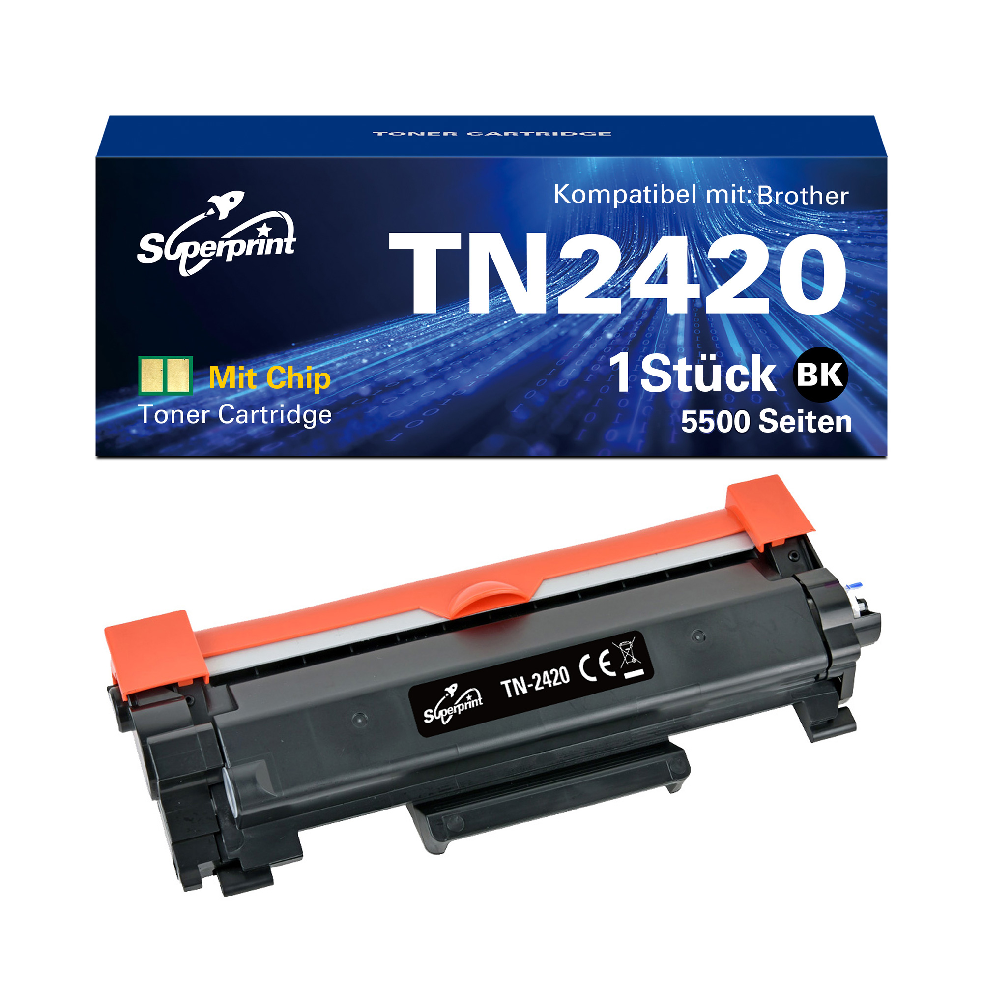 Boîte et cartouche de toner, TN2420, noir, avec des accents orange.