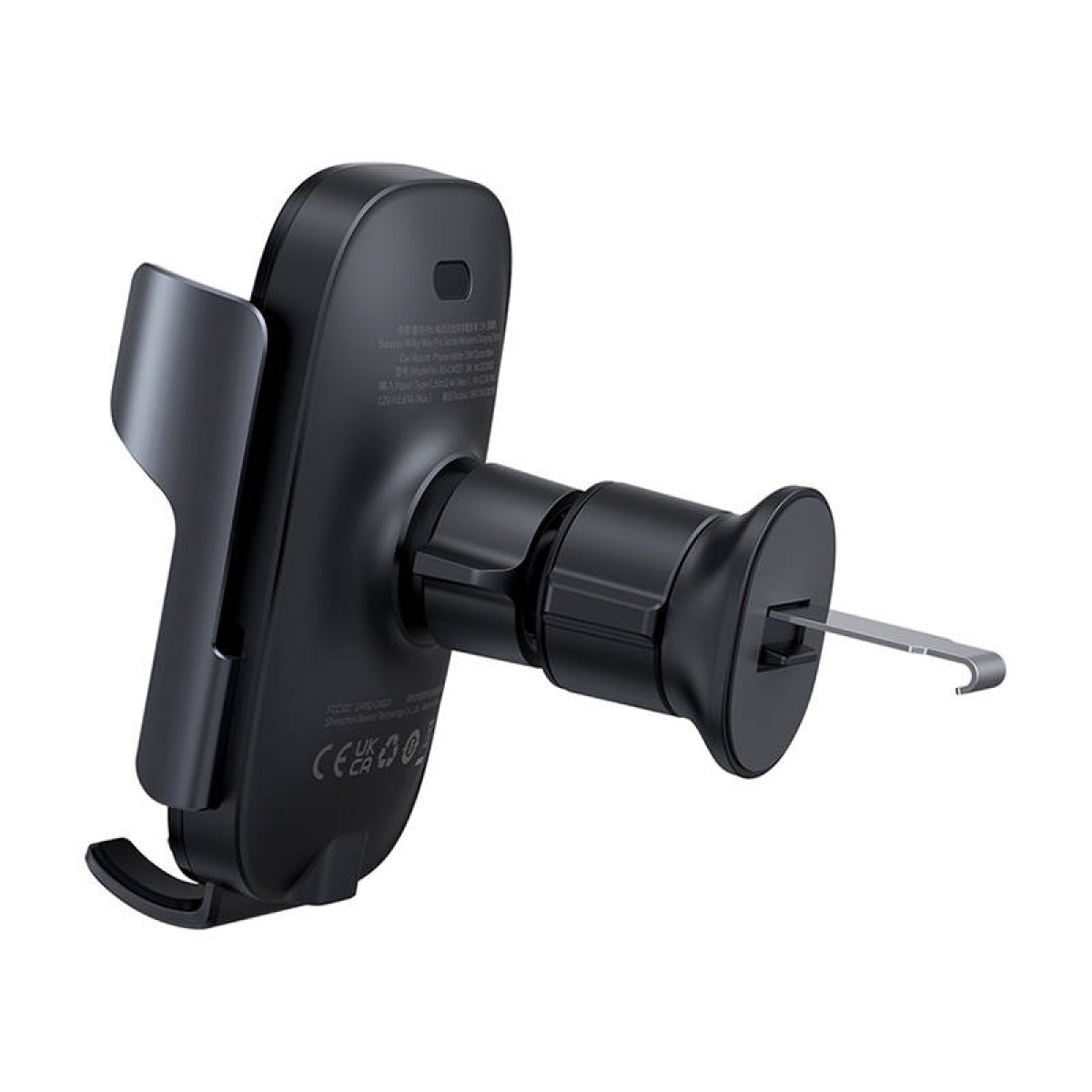 Czarny uchwyt samochodowy na telefon, widok z boku, pokazujący mechanizm montażu.