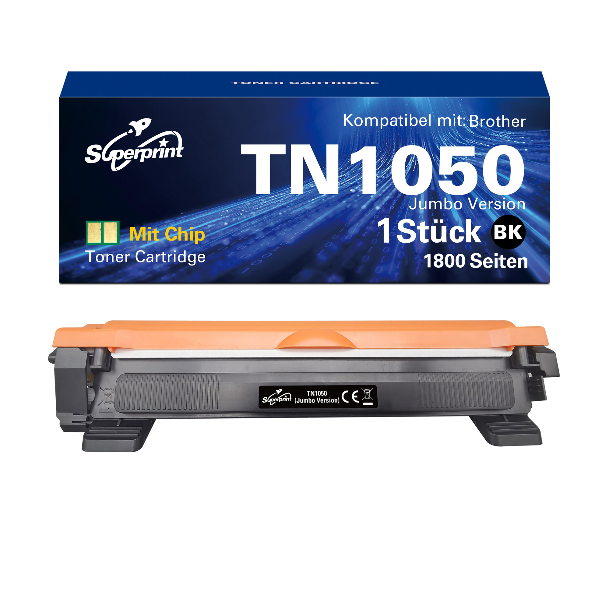 Cartouche de toner noire avec détails orange et une boîte bleue. Superprint.