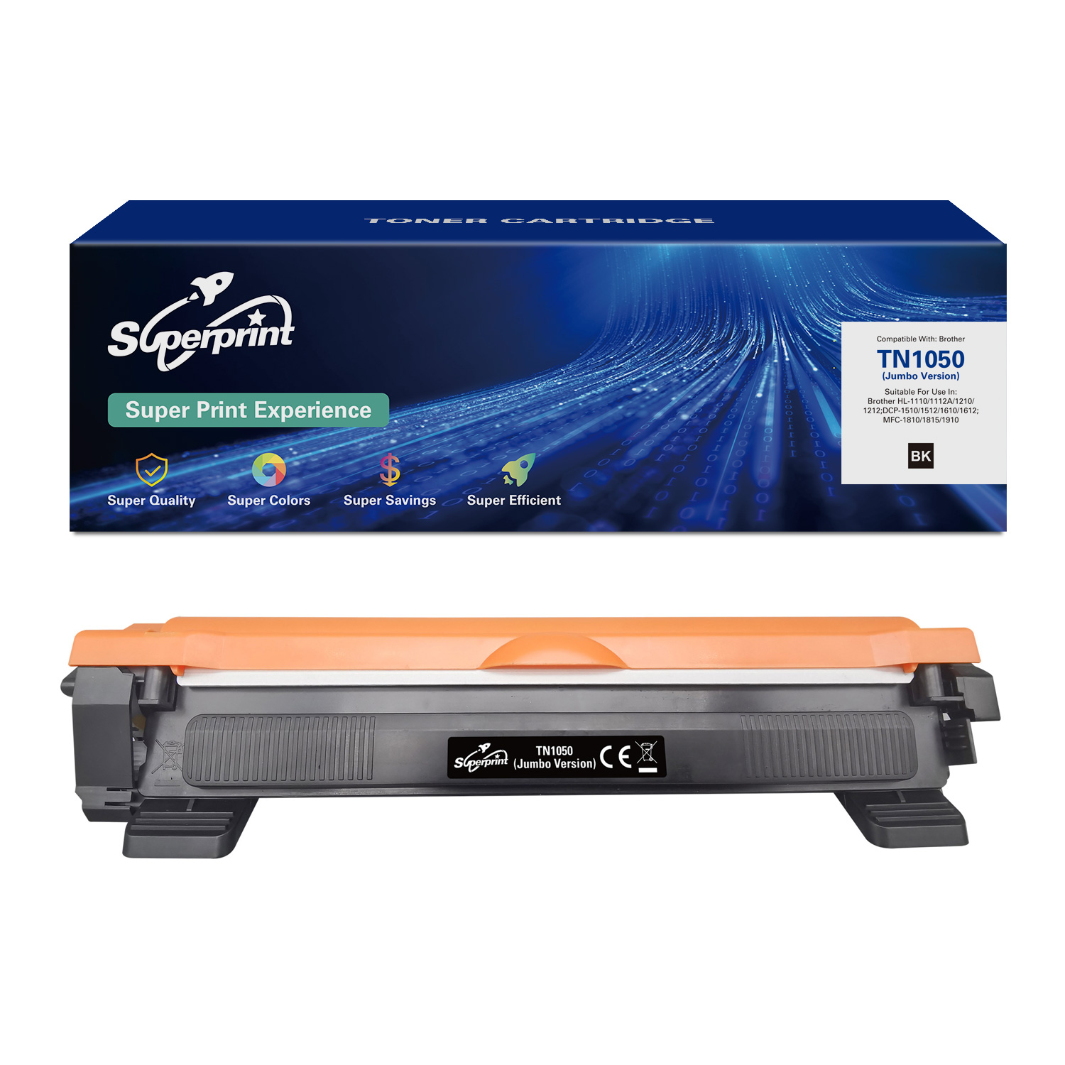 Cartouche de toner noire avec détails orange et une boîte bleue. Superprint.